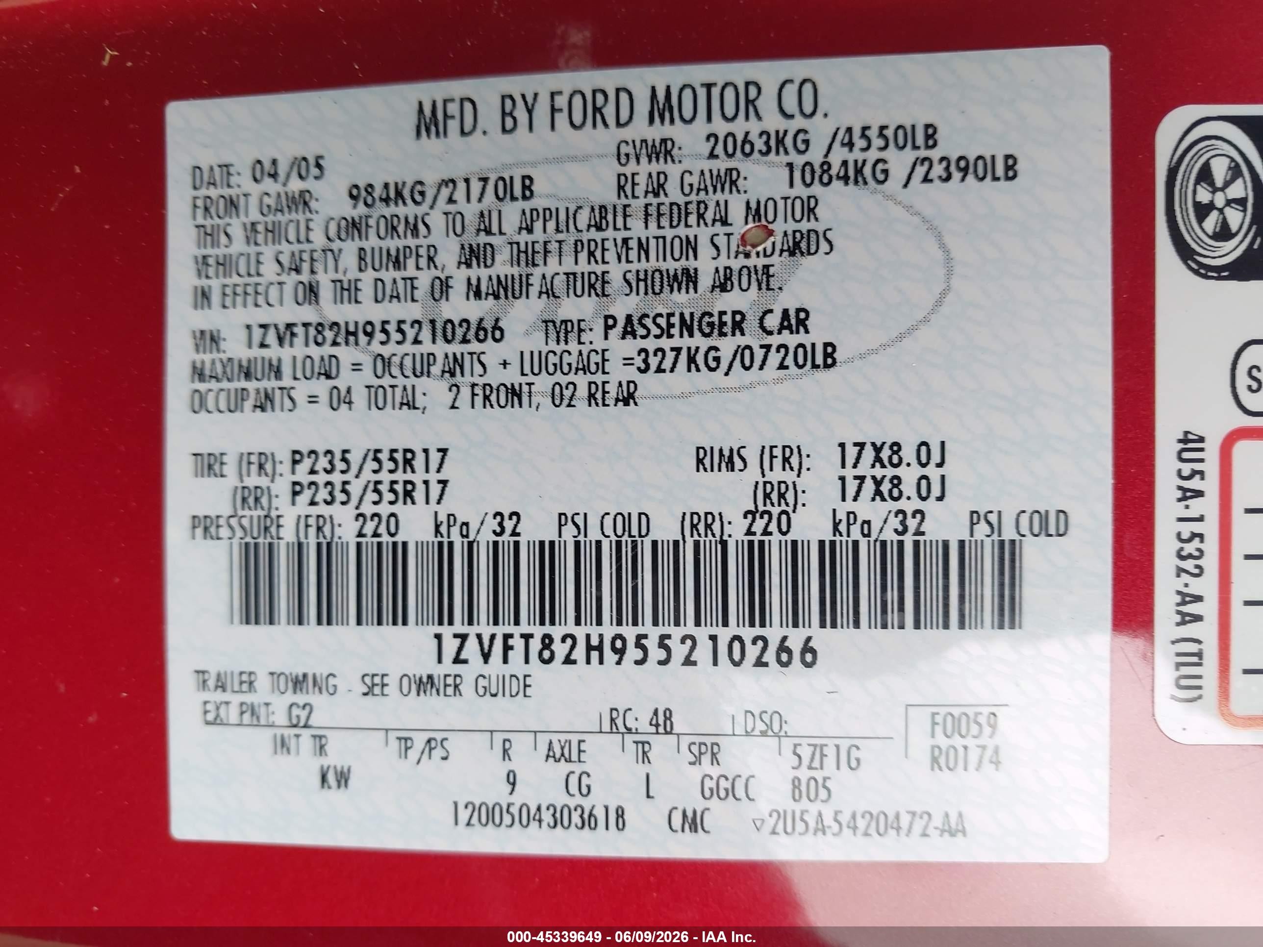 2005 Ford Mustang Gt Deluxe/gt Premium Красный vin: 1ZVFT82H955210266