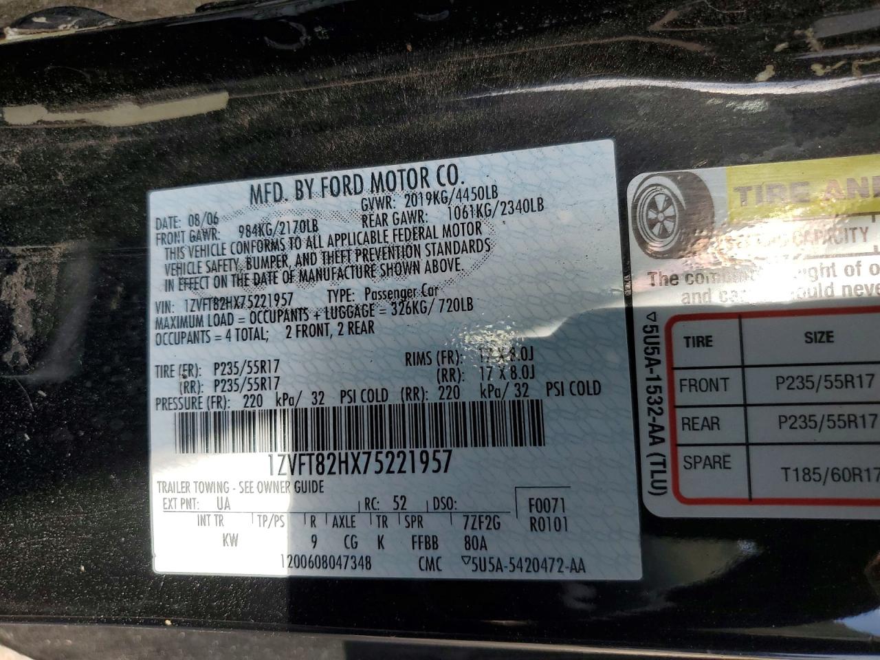 2007 Ford Mustang Gt Black vin: 1ZVFT82HX75221957