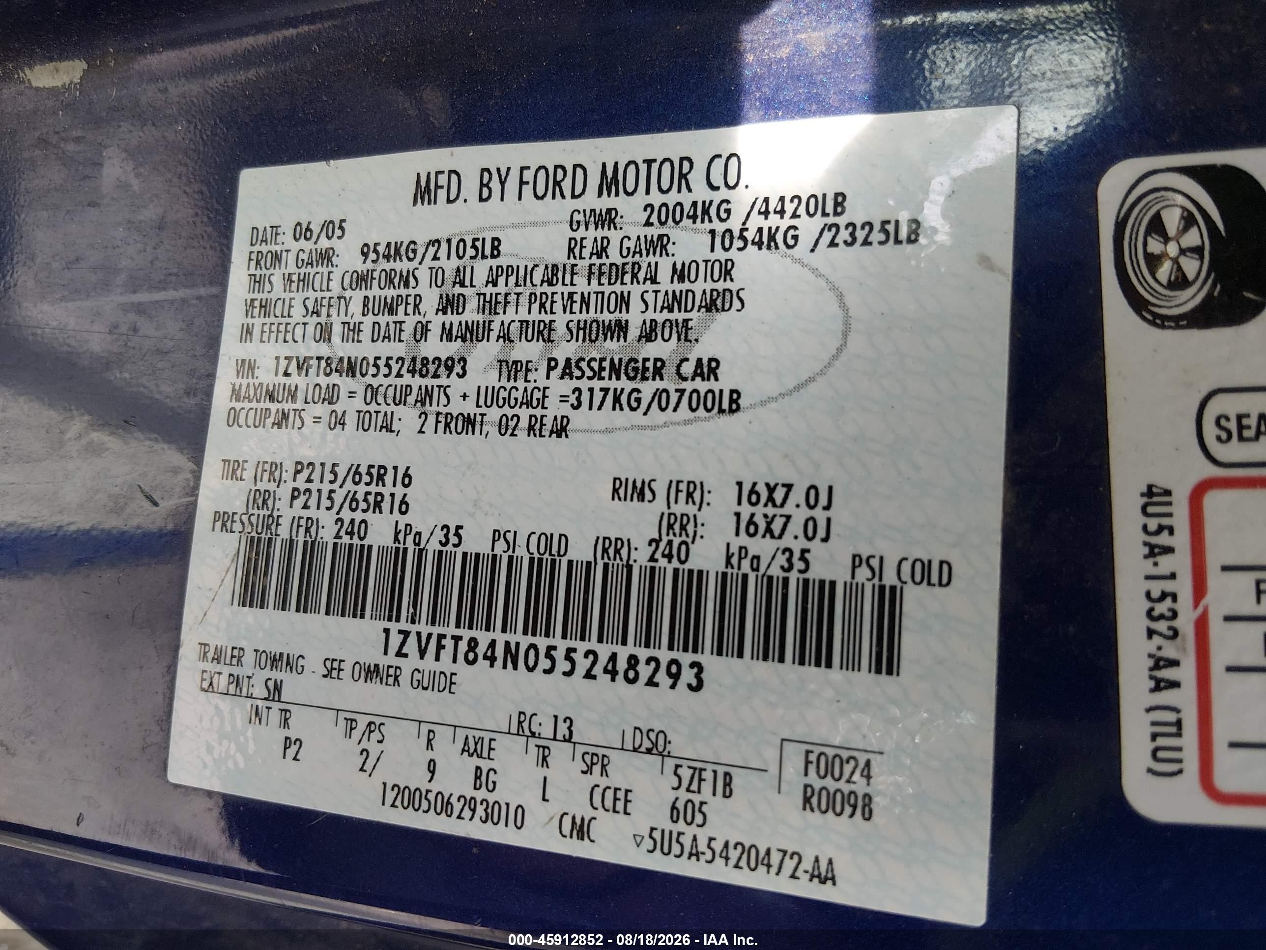 2005 Ford Mustang   Blue vin: 1ZVFT84N055248293