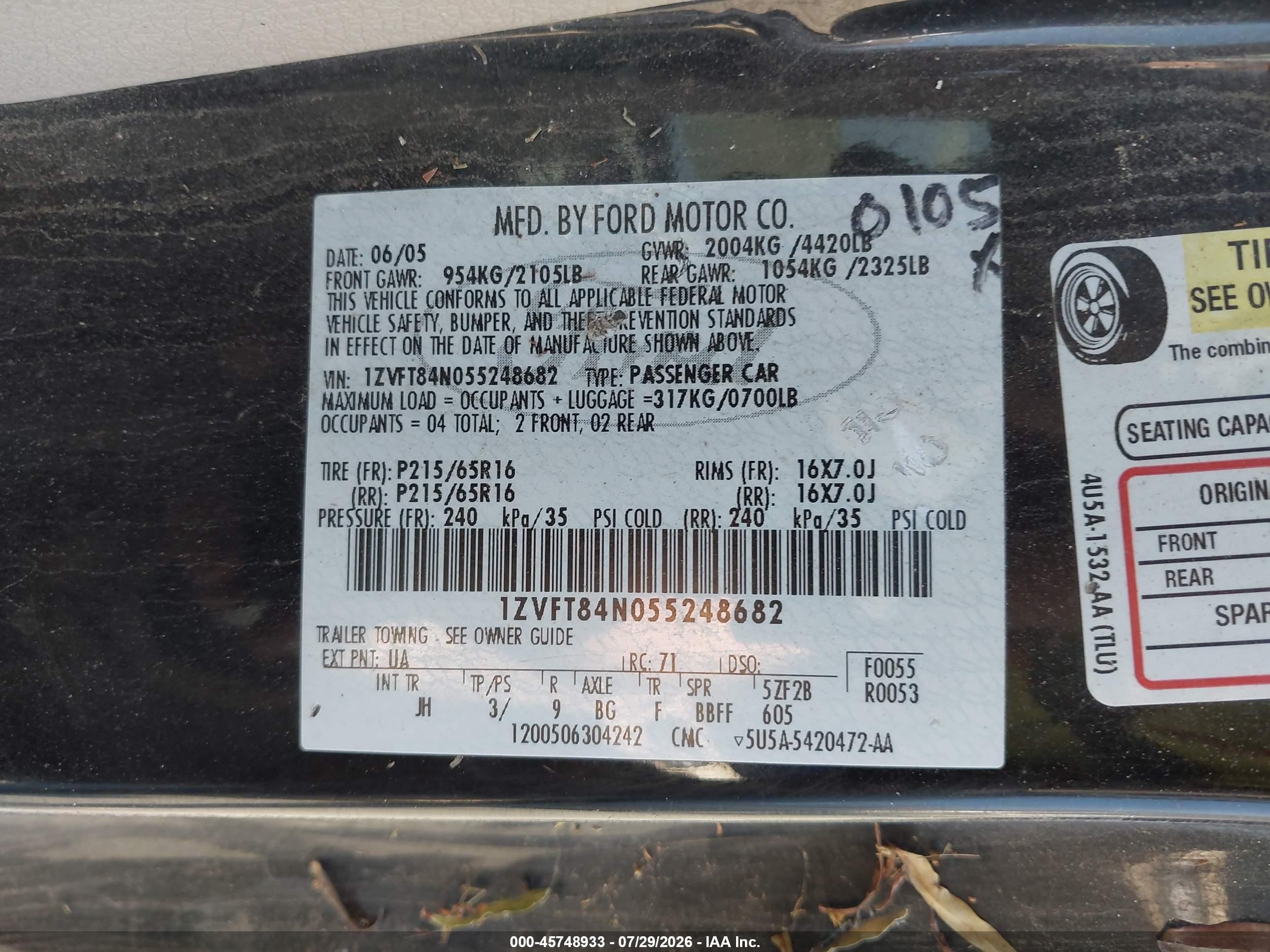 2005 Ford Mustang   Black vin: 1ZVFT84N055248682
