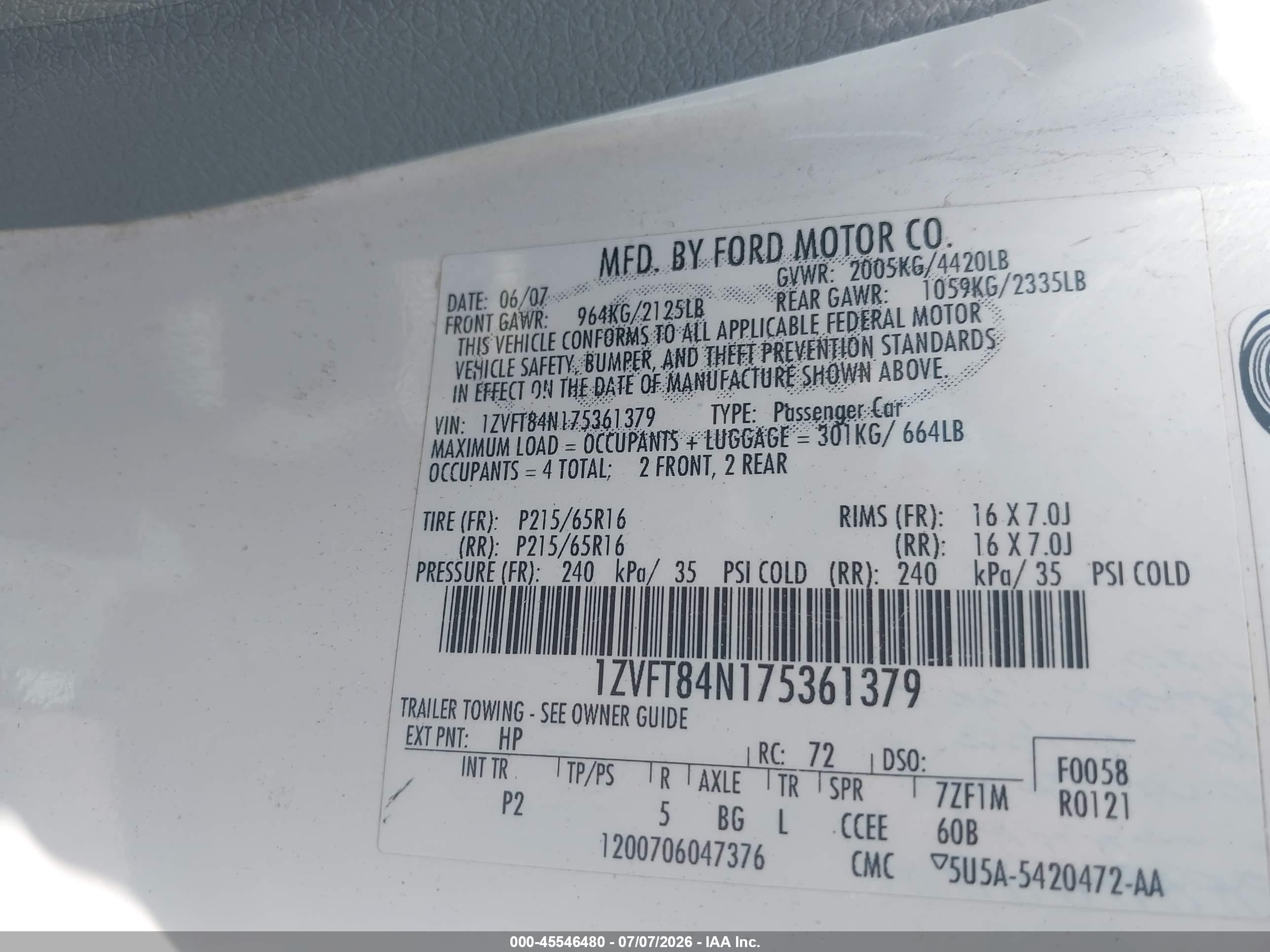 2007 Ford Mustang V6 Deluxe/v6 Premium White vin: 1ZVFT84N175361379