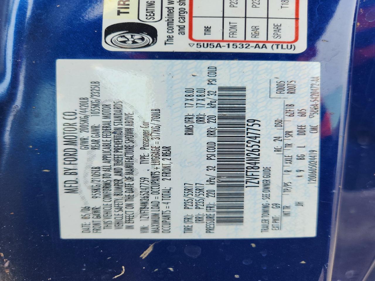 2006 Ford Mustang Blue vin: 1ZVFT84N265247759
