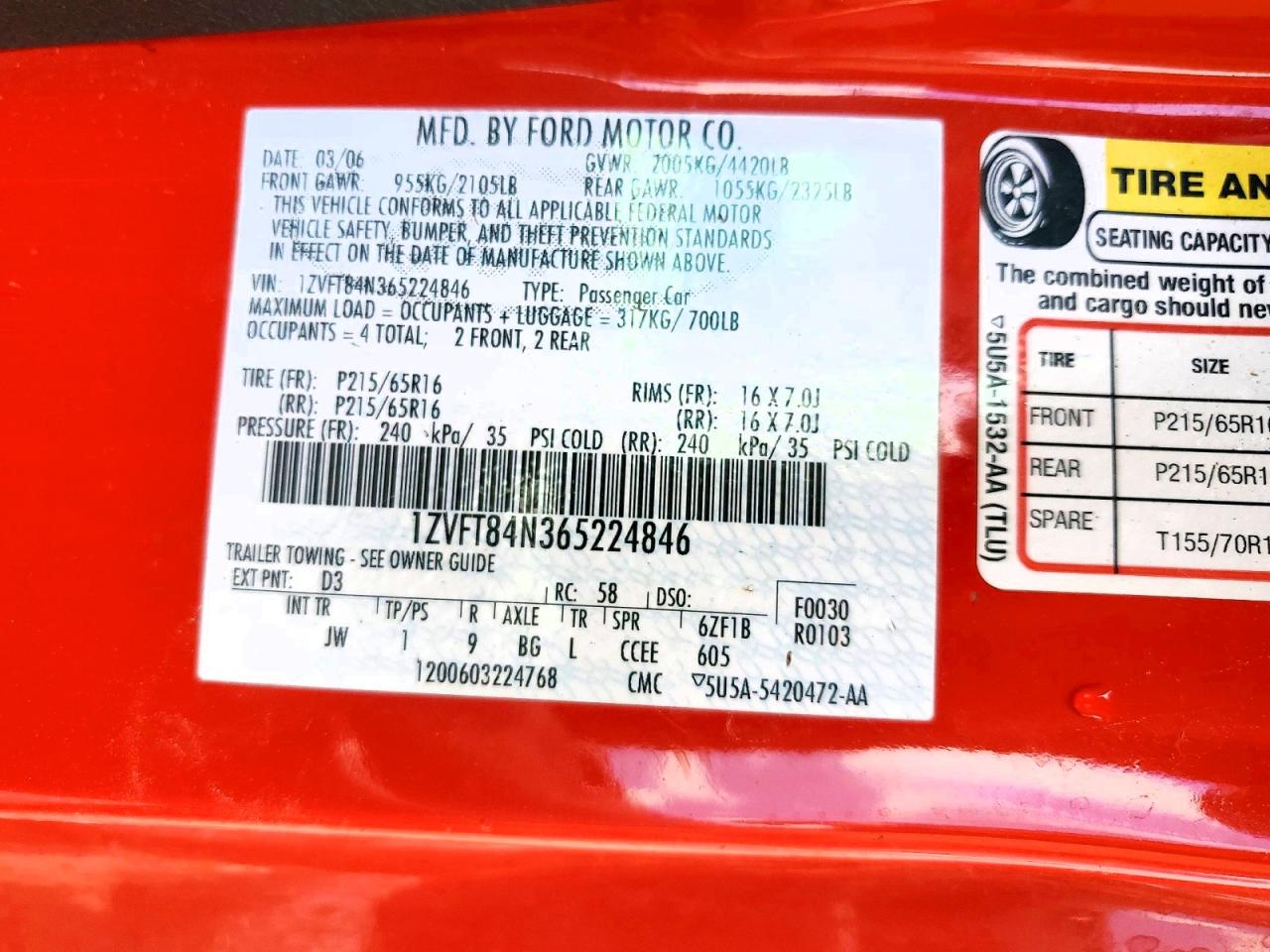 2006 Ford Mustang Red vin: 1ZVFT84N365224846
