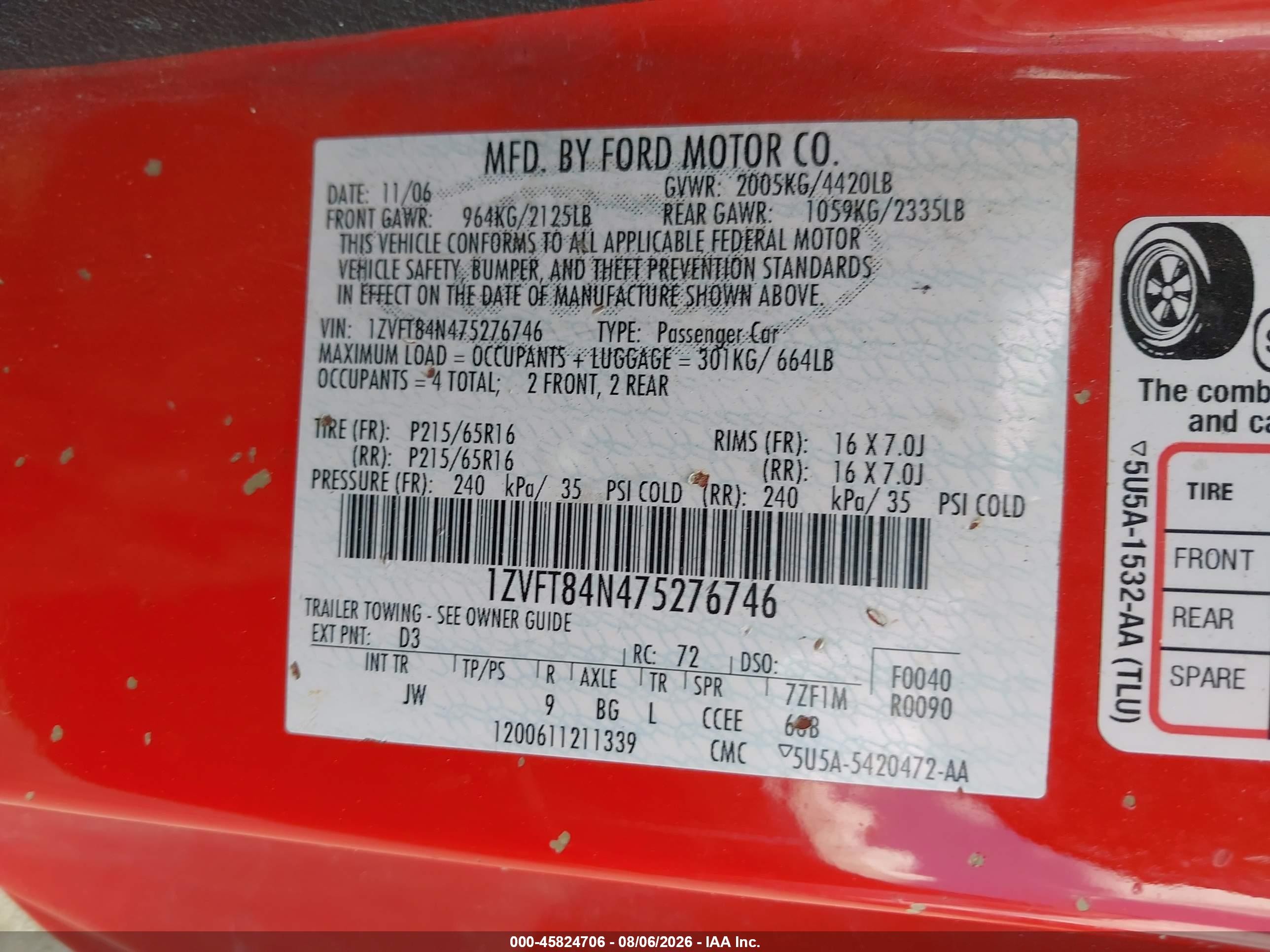 2007 Ford Mustang V6 Deluxe/v6 Premium Red vin: 1ZVFT84N475276746