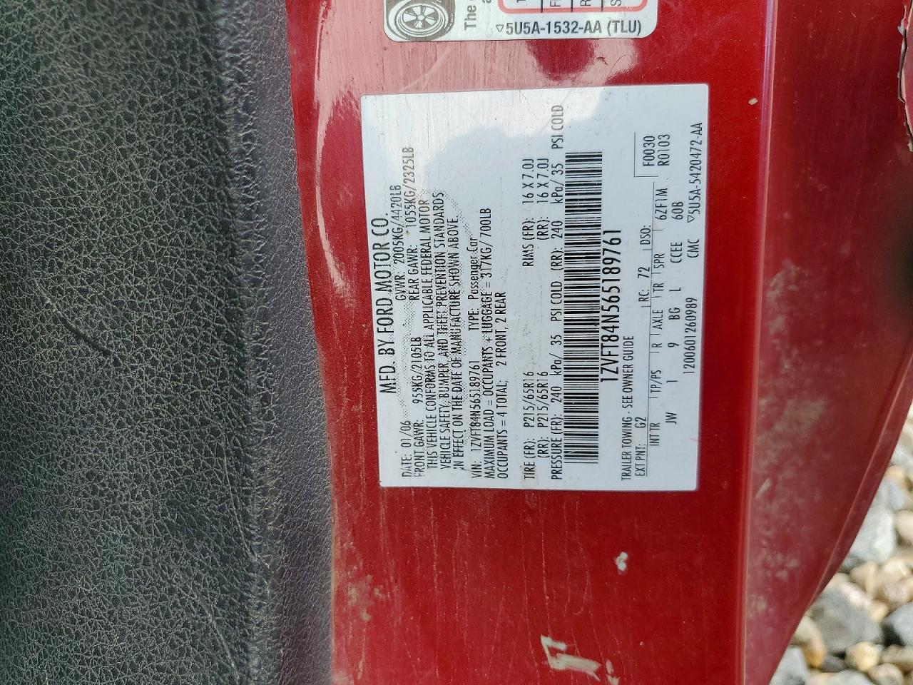2006 Ford Mustang Red vin: 1ZVFT84N565189761