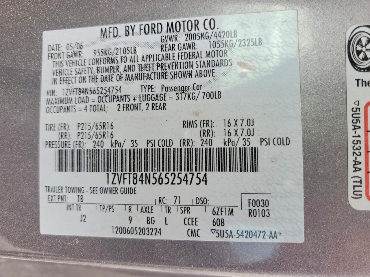 2006 Ford Mustang Серебряный vin: 1ZVFT84N565254754