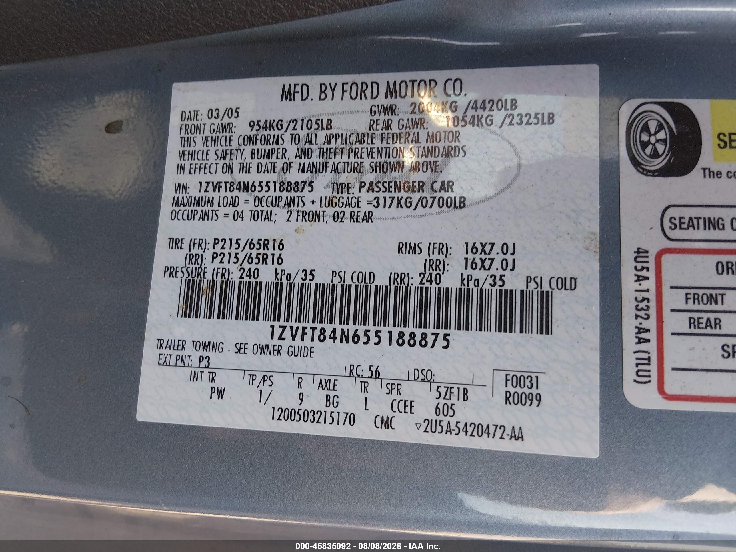 2005 Ford Mustang   Light Blue vin: 1ZVFT84N655188875