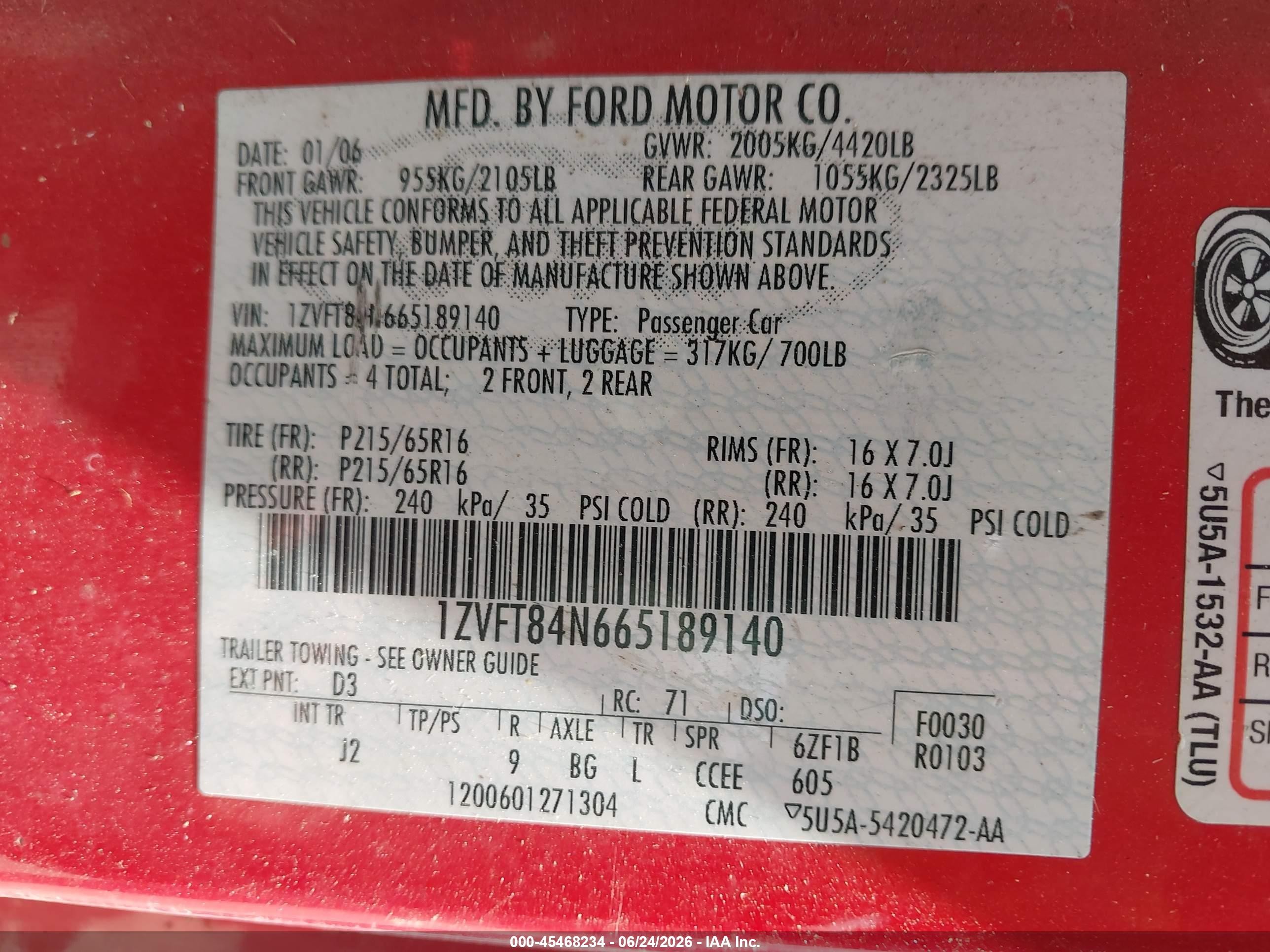 2006 Ford Mustang V6 Red vin: 1ZVFT84N665189140