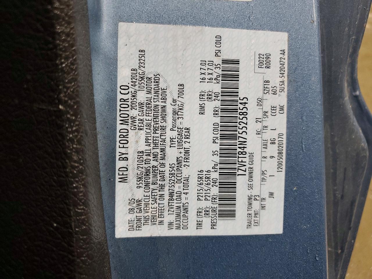 2005 Ford Mustang Blue vin: 1ZVFT84N755258545