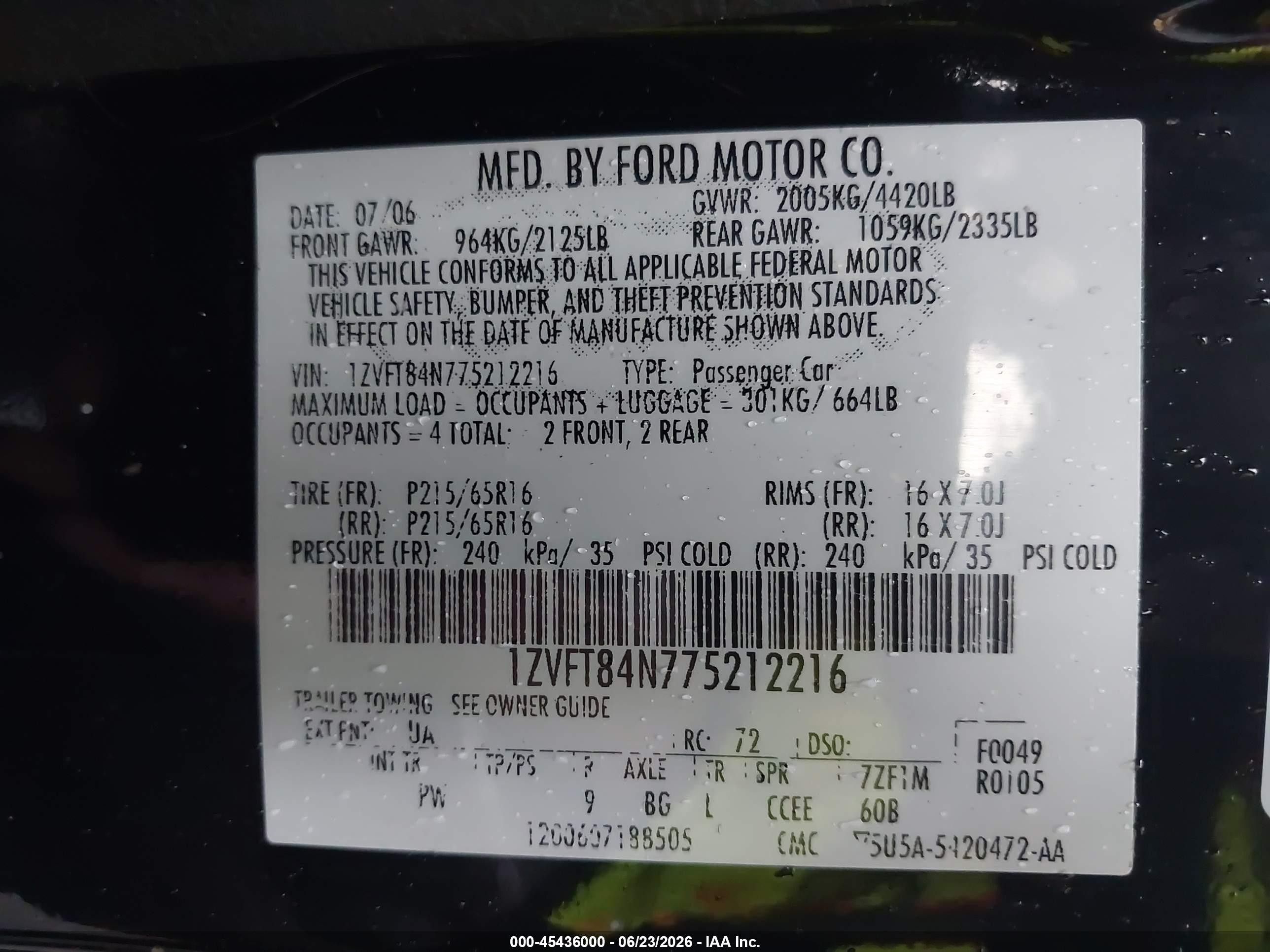 2007 Ford Mustang V6 Deluxe/v6 Premium Черный vin: 1ZVFT84N775212216