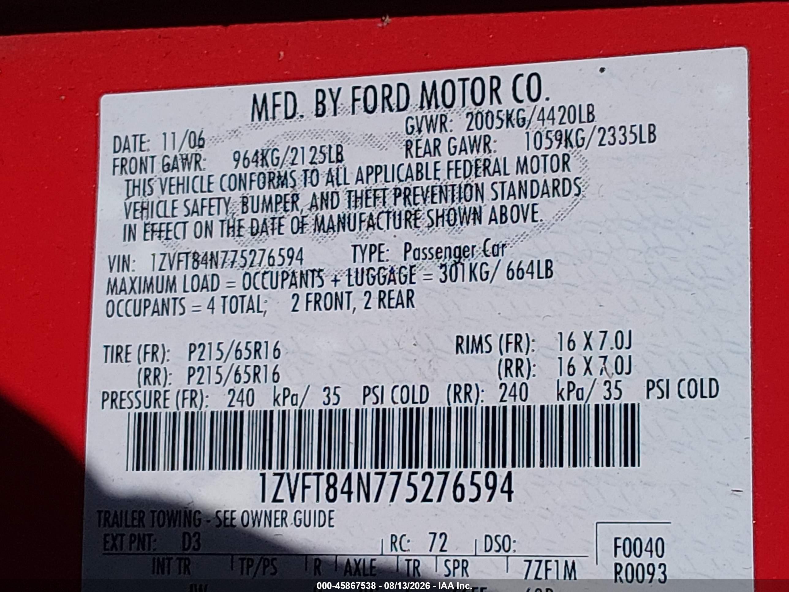 2007 Ford Mustang V6 Deluxe/v6 Premium Red vin: 1ZVFT84N775276594