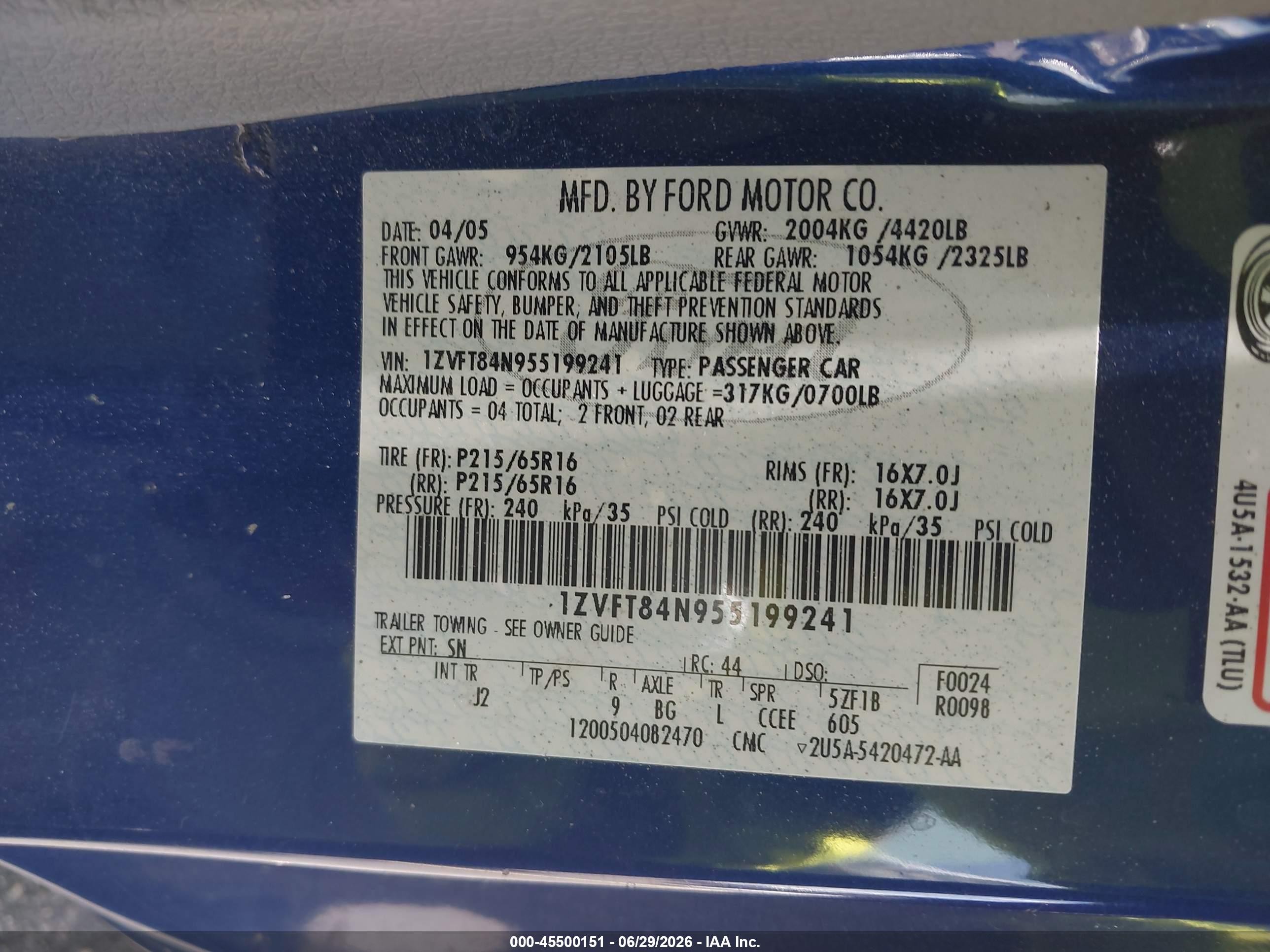 2005 Ford Mustang   Blue vin: 1ZVFT84N955199241