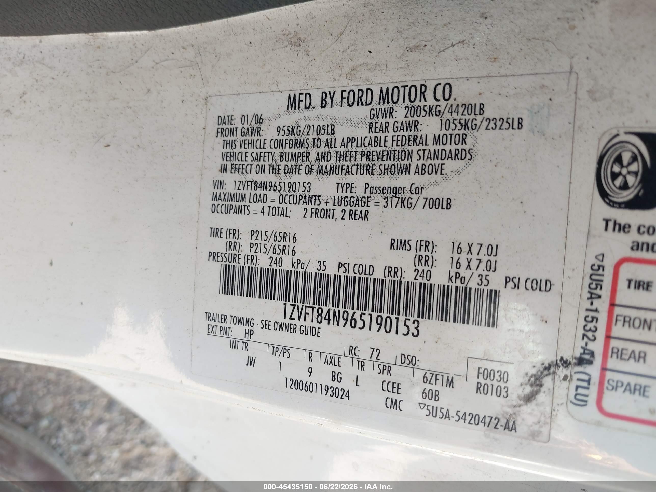 2006 Ford Mustang V6 White vin: 1ZVFT84N965190153