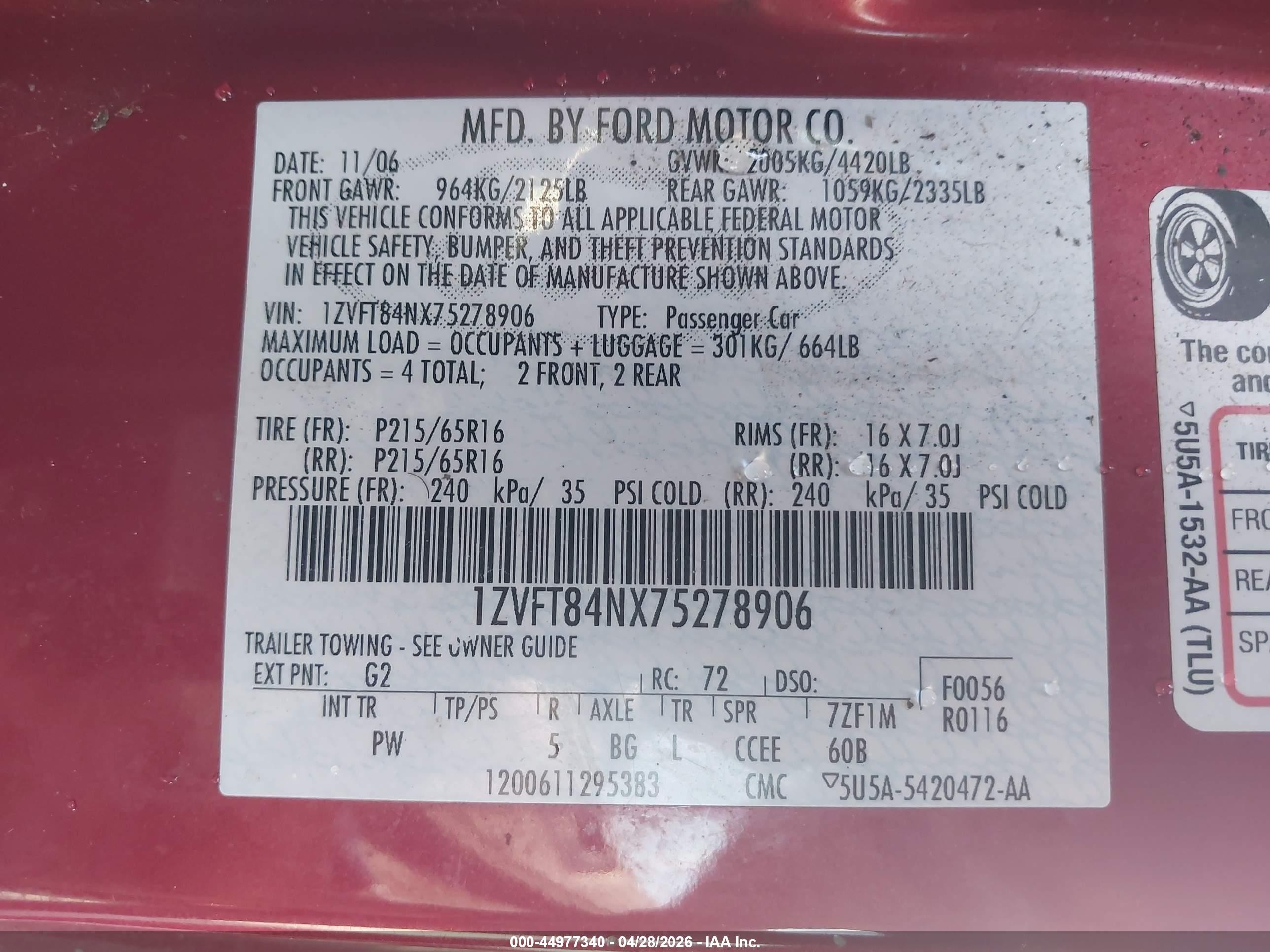 2007 Ford Mustang V6 Deluxe/v6 Premium Темно-бордовый vin: 1ZVFT84NX75278906