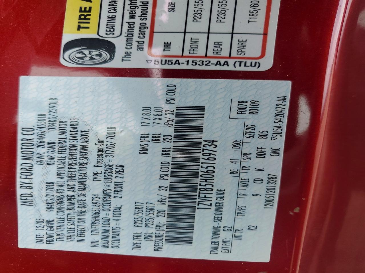 2006 Ford Mustang Gt Red vin: 1ZVFT85H065169734