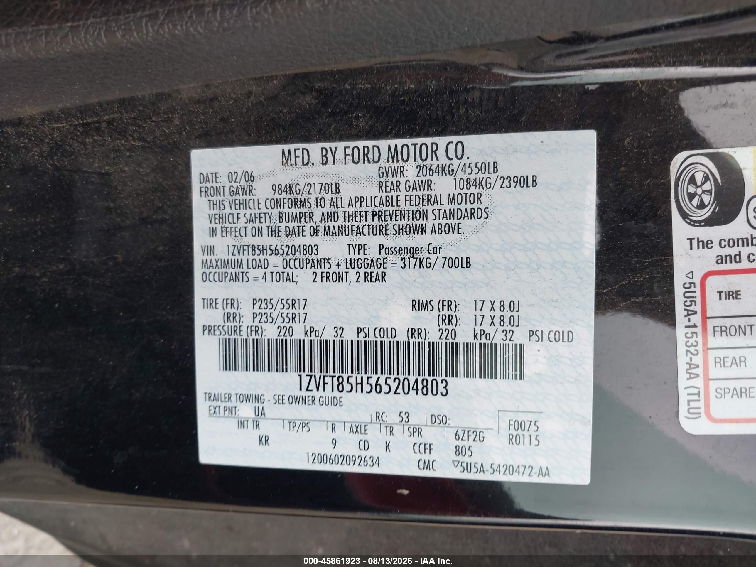 2006 Ford Mustang Gt Black vin: 1ZVFT85H565204803
