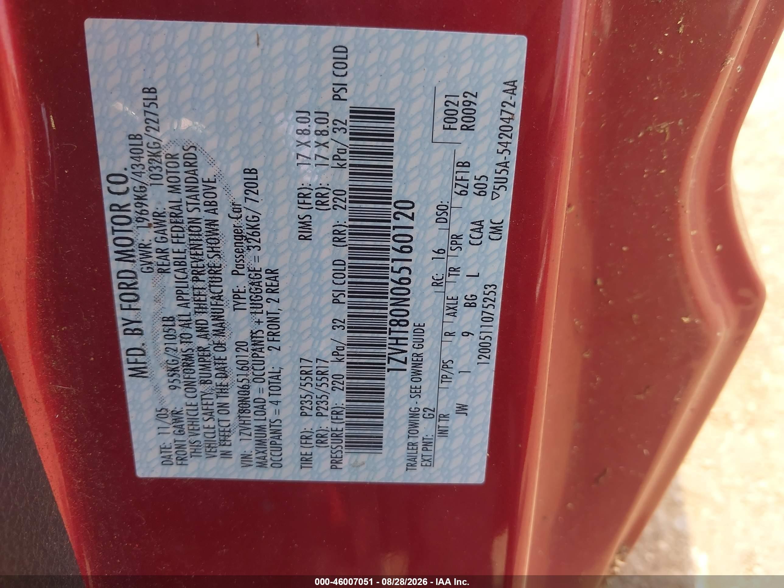 2006 Ford Mustang V6 Red vin: 1ZVHT80N065160120