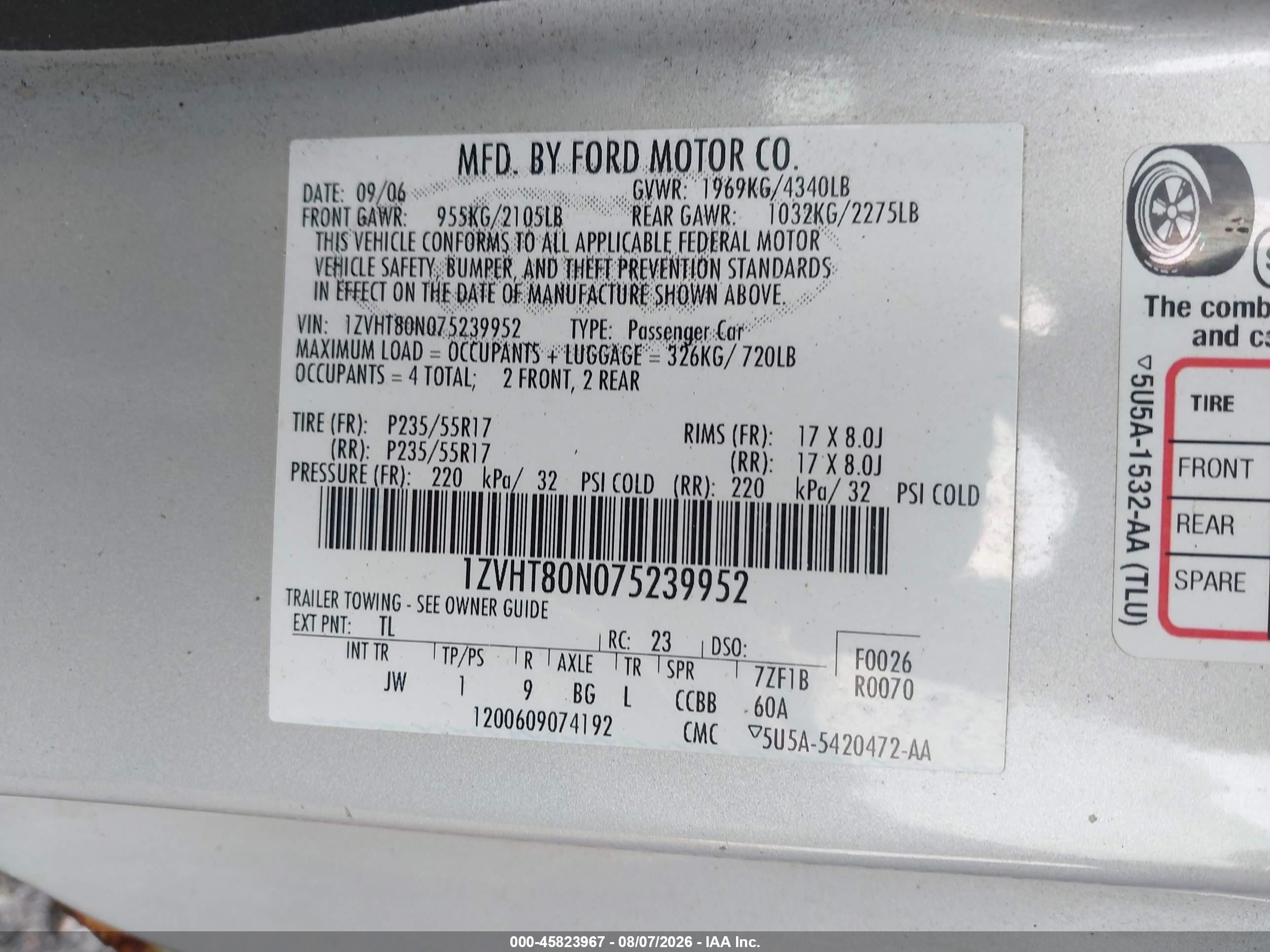 2007 Ford Mustang V6 Deluxe/v6 Premium Silver vin: 1ZVHT80N075239952