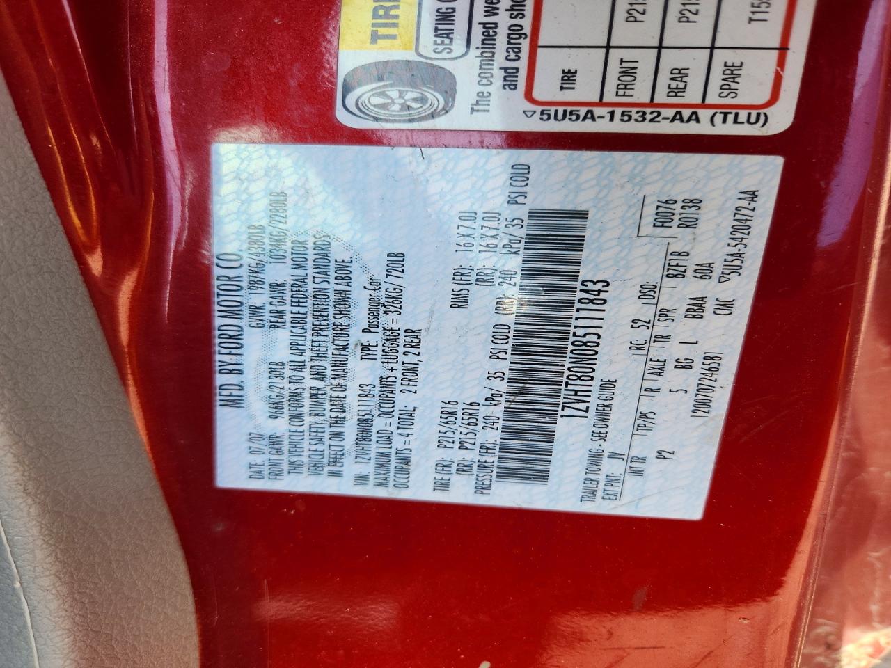 2008 Ford Mustang Red vin: 1ZVHT80N085111843