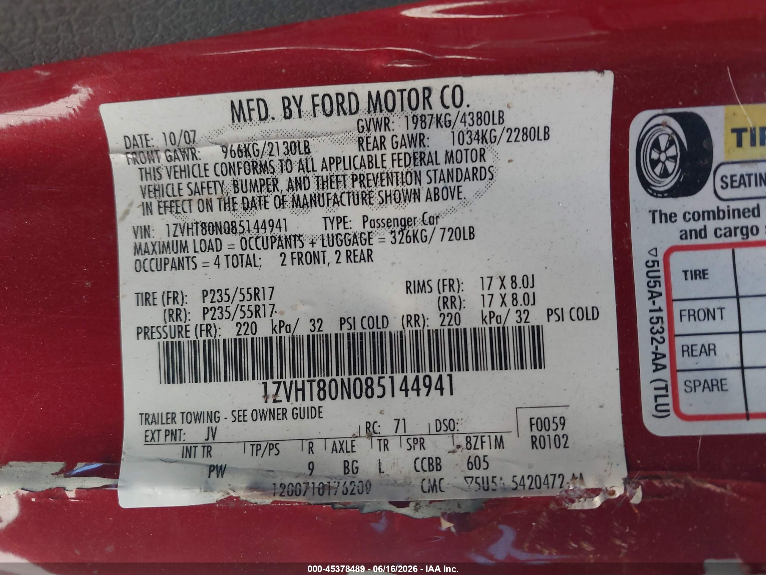 2008 Ford Mustang V6 Deluxe/v6 Premium Red vin: 1ZVHT80N085144941