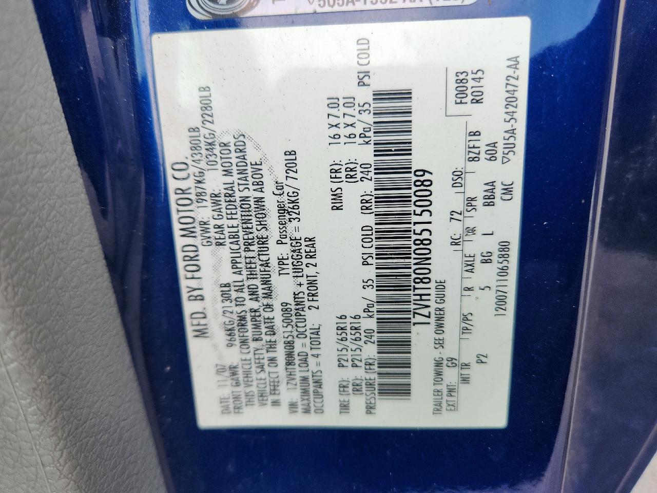 2008 Ford Mustang Blue vin: 1ZVHT80N085150089