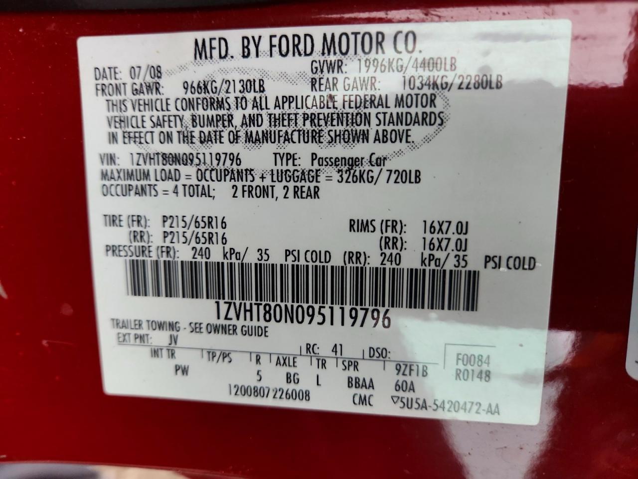 2009 Ford Mustang Красный vin: 1ZVHT80N095119796