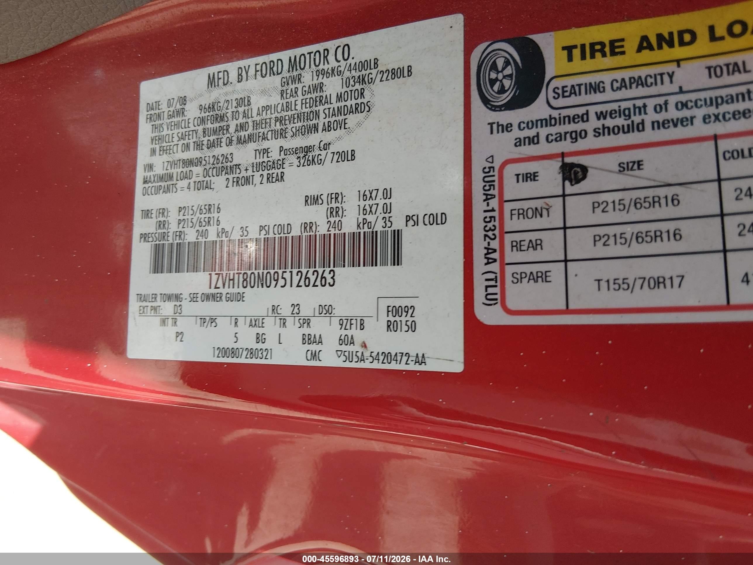 2009 Ford Mustang V6/v6 Premium Red vin: 1ZVHT80N095126263