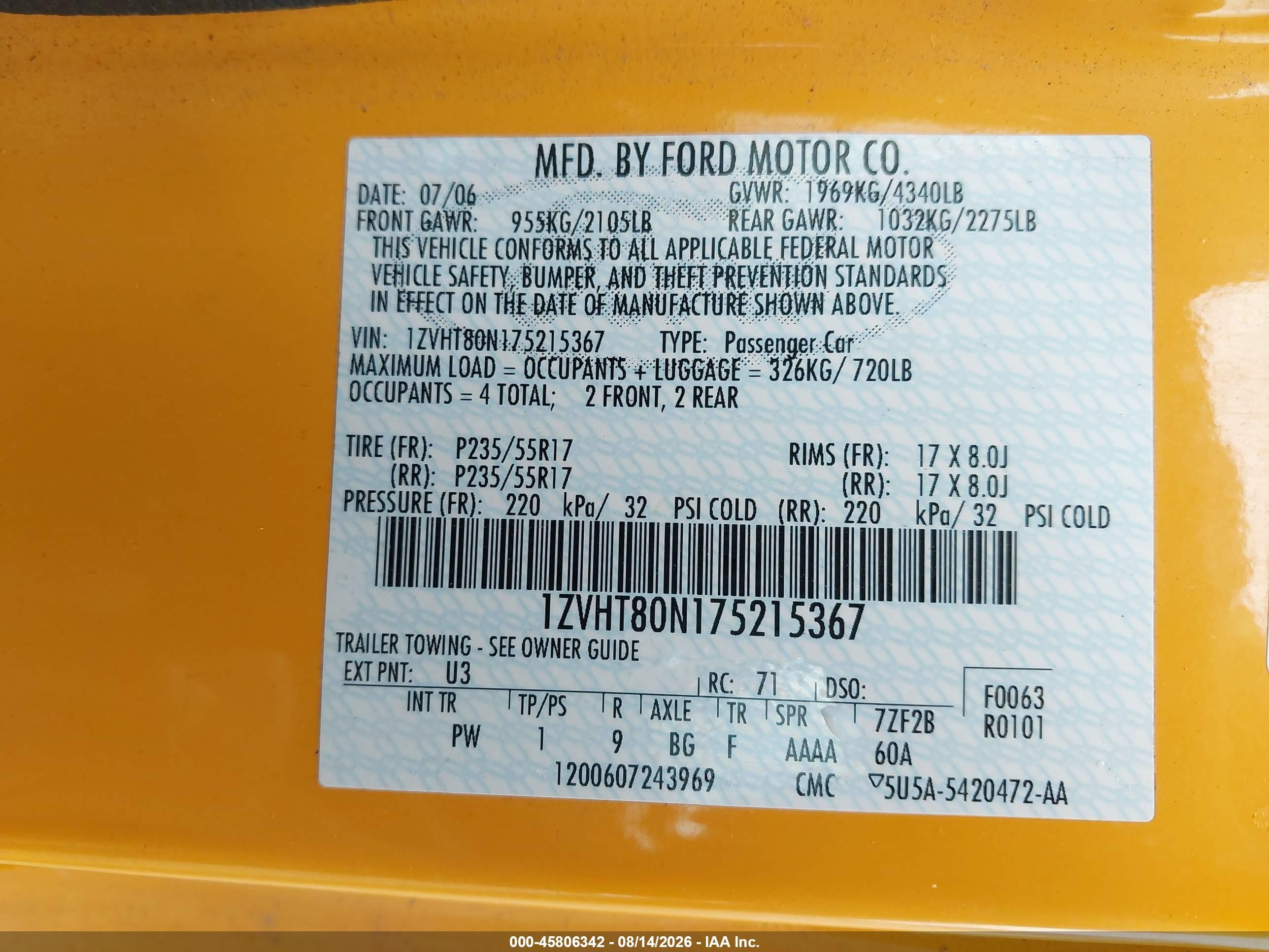 2007 Ford Mustang V6 Deluxe/v6 Premium Оранжевый vin: 1ZVHT80N175215367