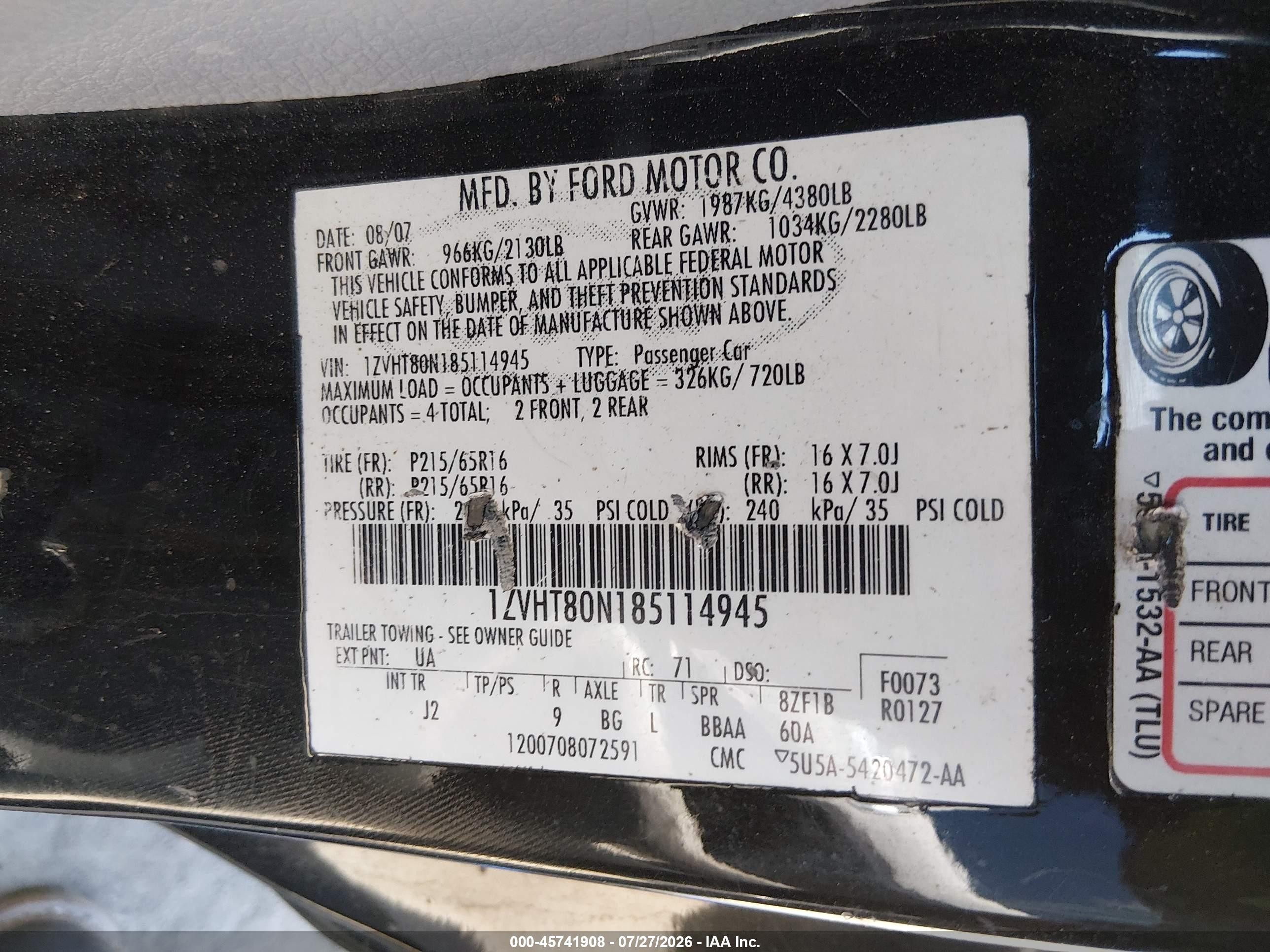 2008 Ford Mustang V6 Deluxe/v6 Premium Black vin: 1ZVHT80N185114945