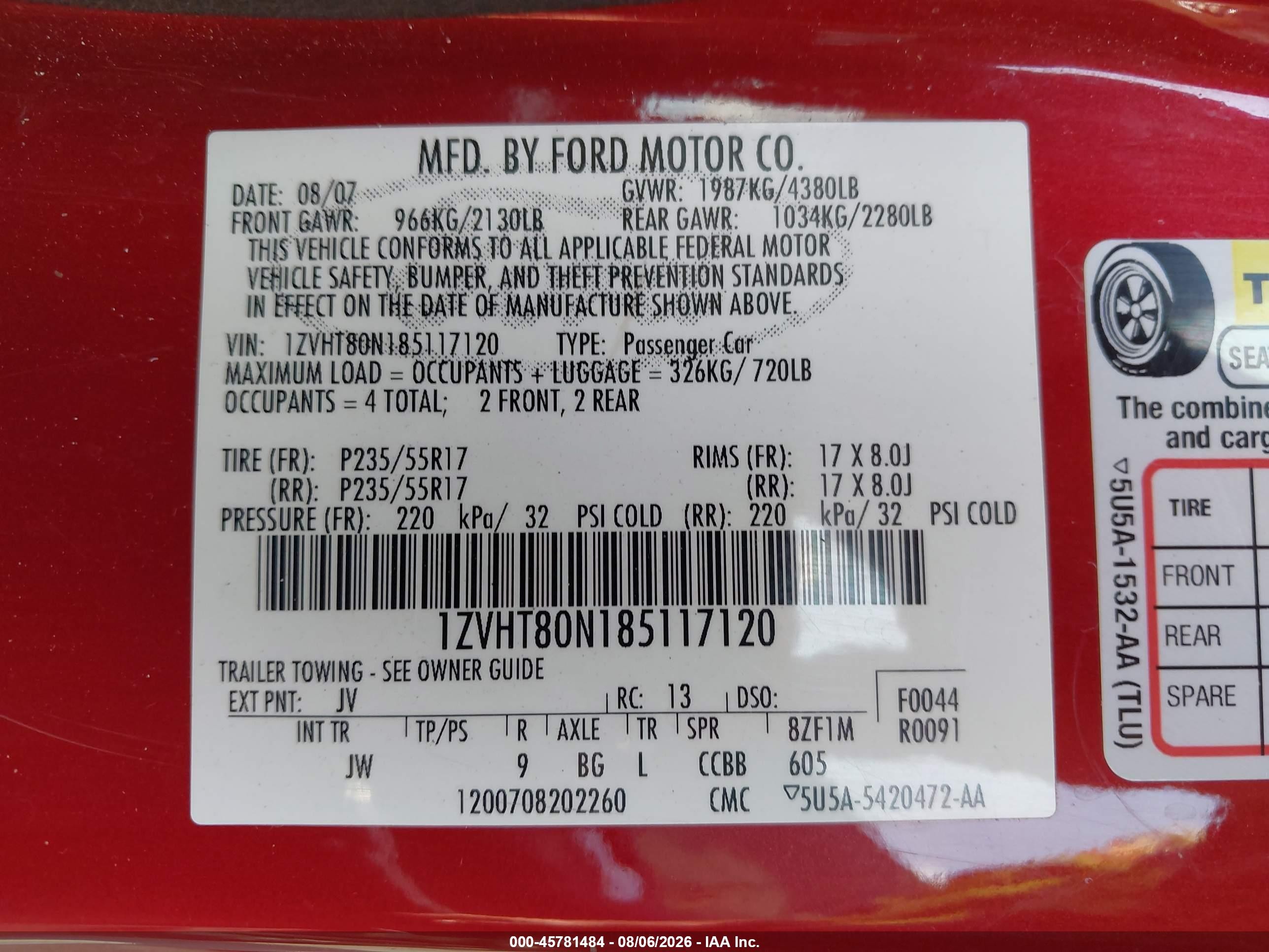 2008 Ford Mustang V6 Deluxe/v6 Premium Red vin: 1ZVHT80N185117120