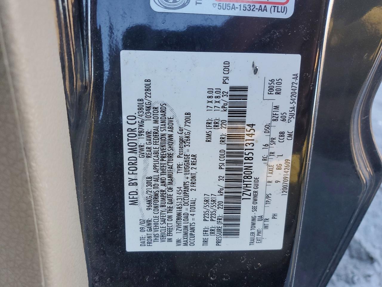 2008 Ford Mustang Black vin: 1ZVHT80N185131454