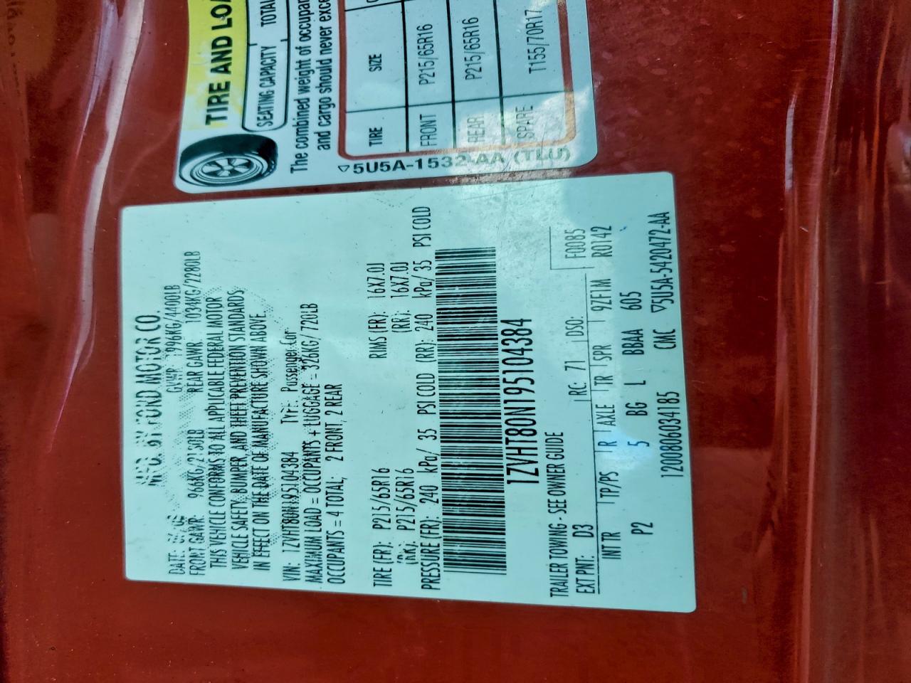 2009 Ford Mustang Red vin: 1ZVHT80N195104384