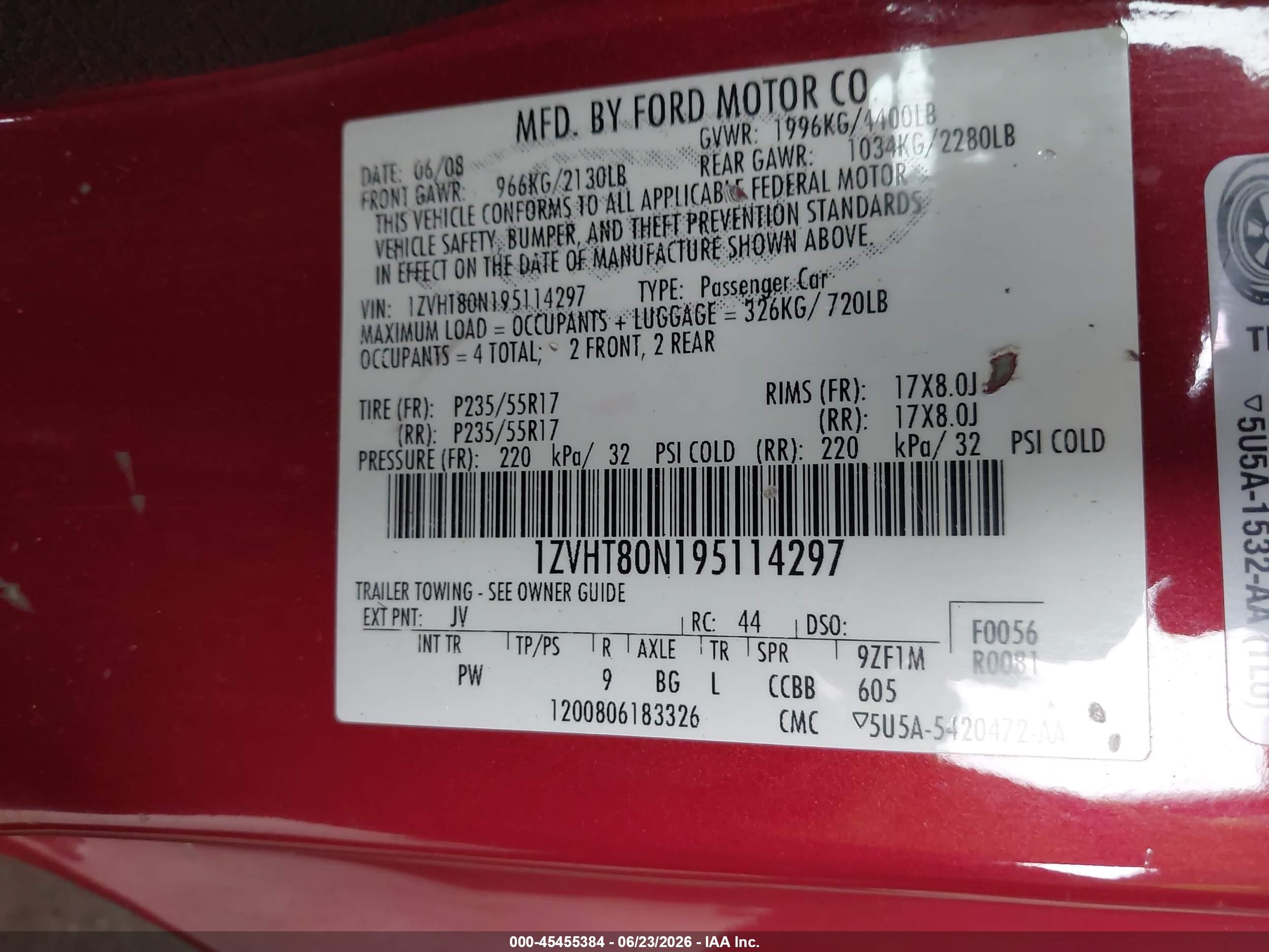 2009 Ford Mustang V6/v6 Premium Red vin: 1ZVHT80N195114297