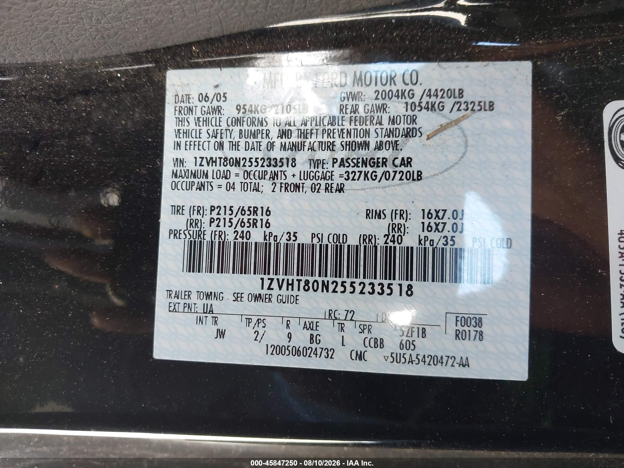 2005 Ford Mustang V6 Deluxe/v6 Premium Black vin: 1ZVHT80N255233518