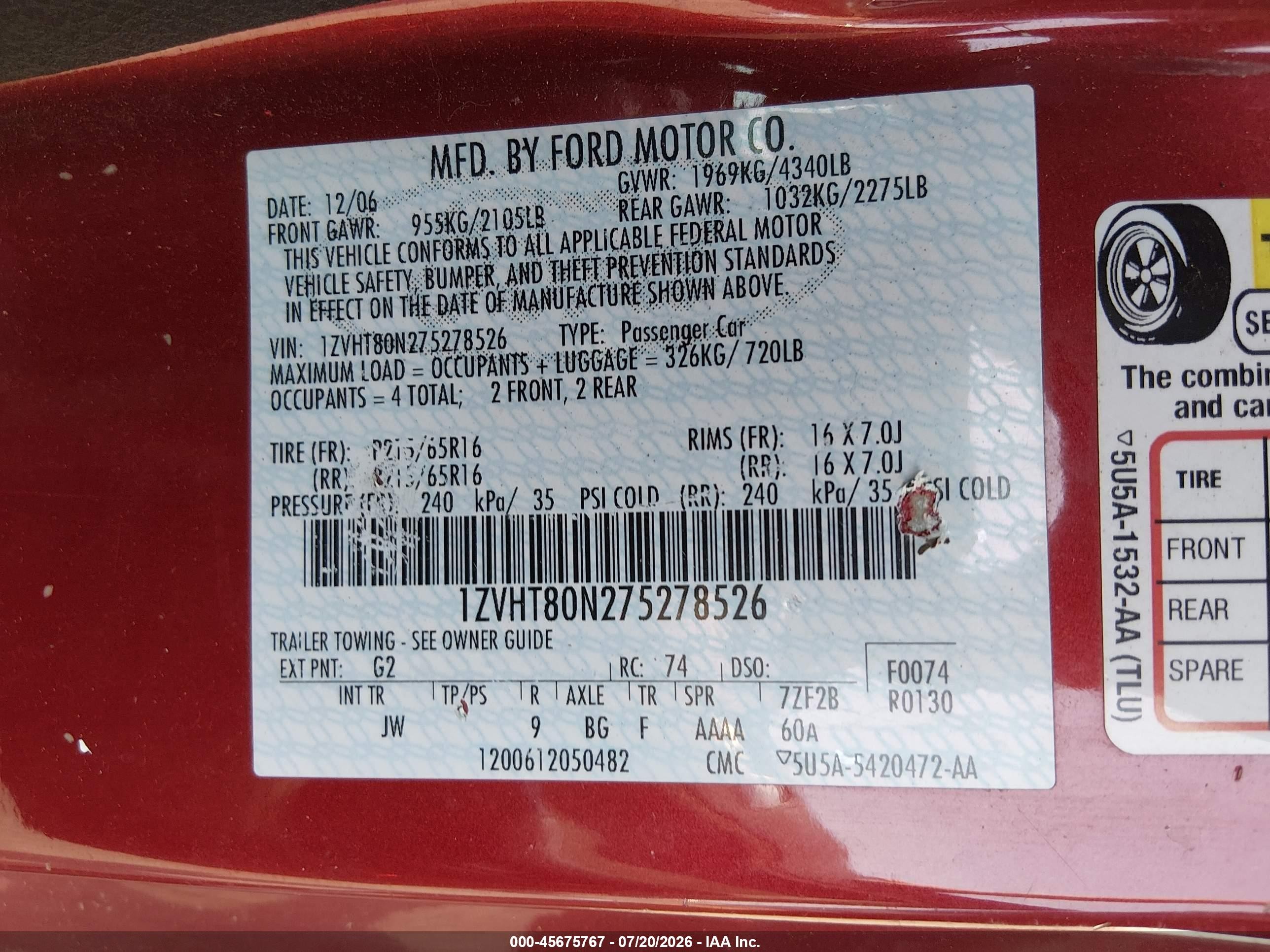 2007 Ford Mustang V6 Deluxe/v6 Premium Red vin: 1ZVHT80N275278526
