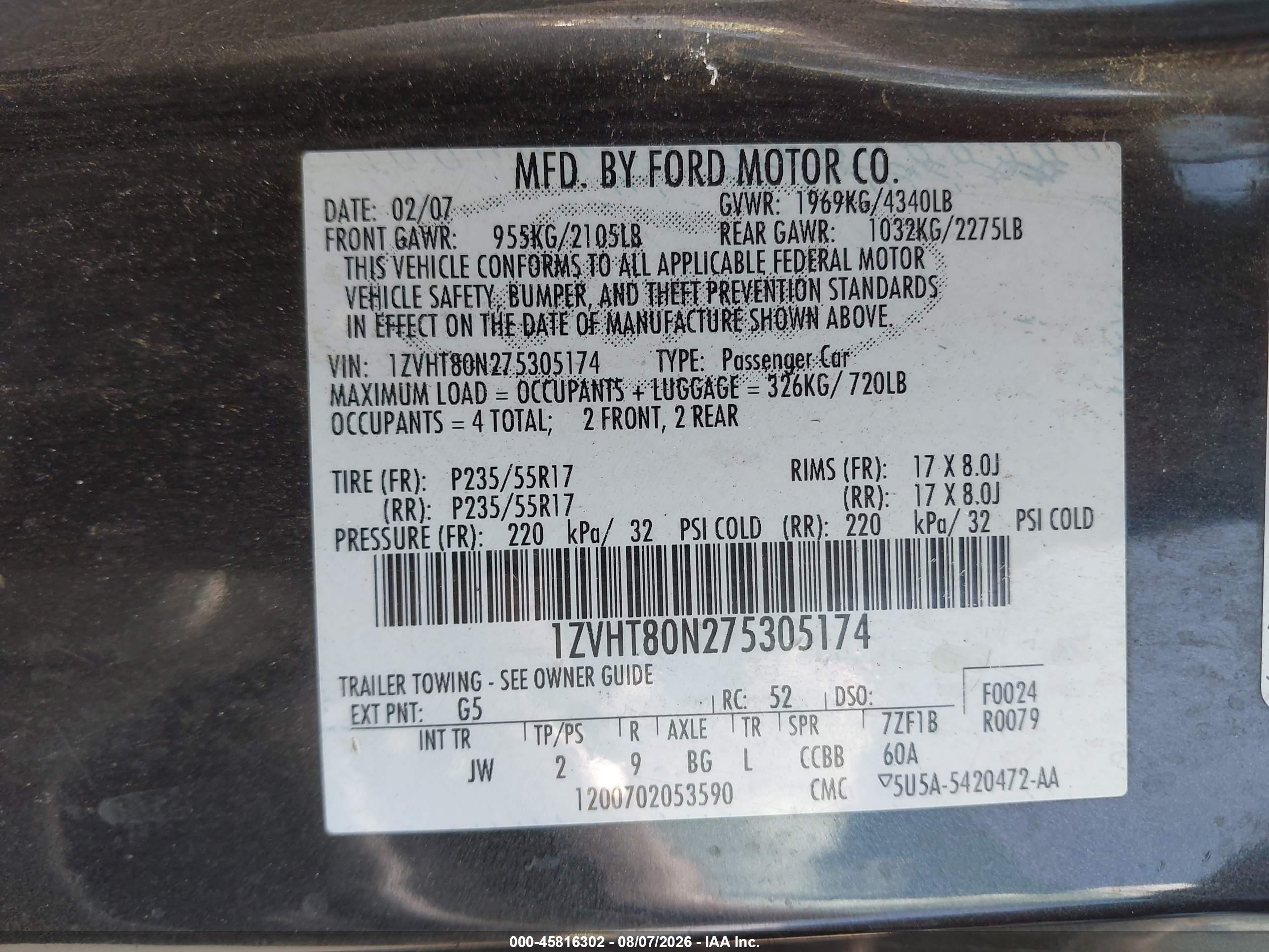 2007 Ford Mustang V6 Deluxe/v6 Premium Серый vin: 1ZVHT80N275305174