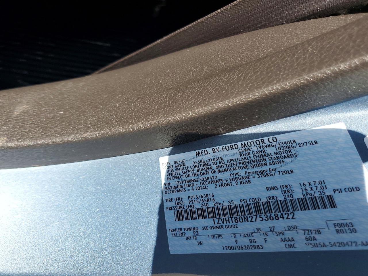 2007 Ford Mustang Blue vin: 1ZVHT80N275368422