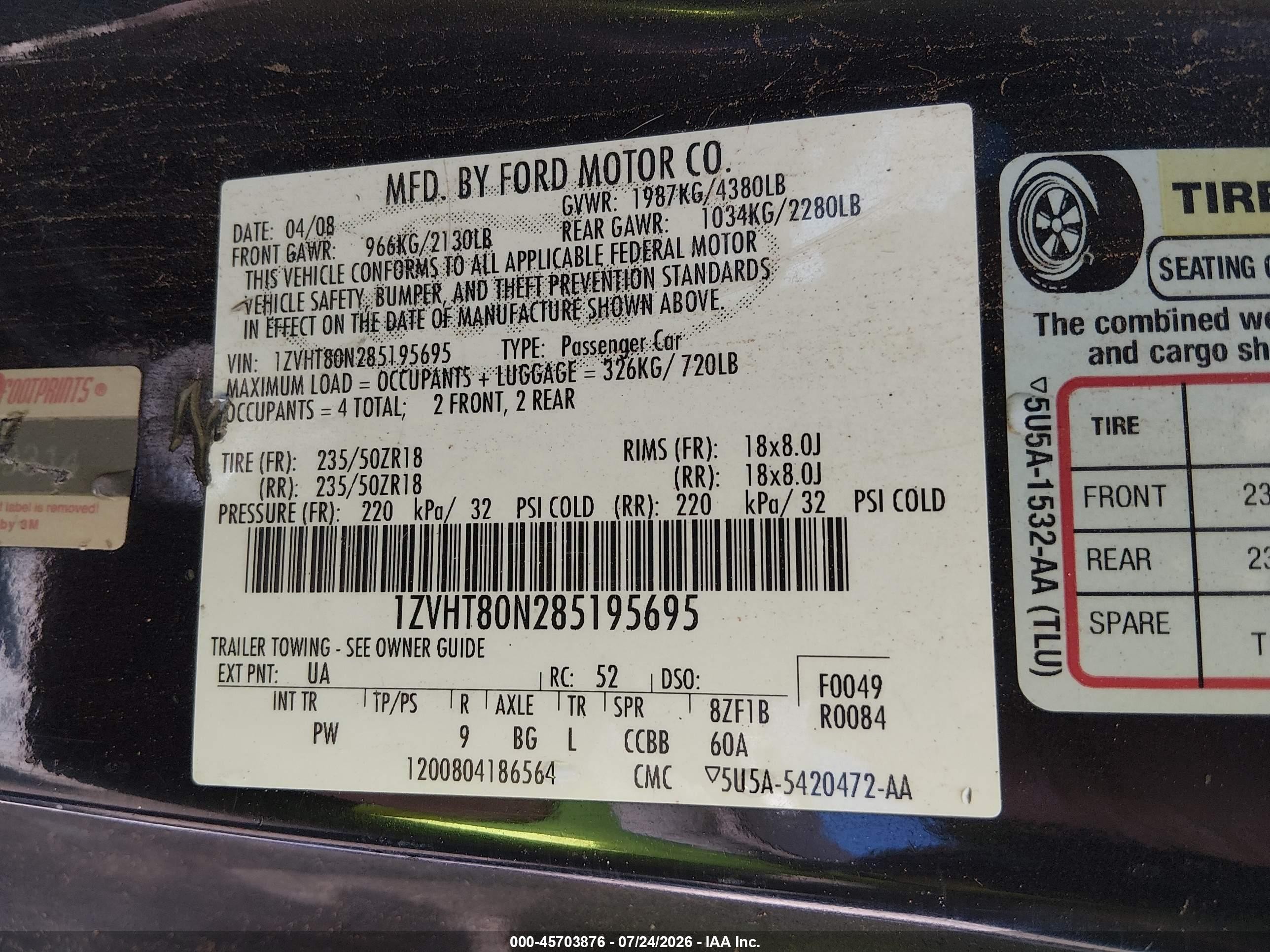 2008 Ford Mustang V6 Deluxe/v6 Premium Black vin: 1ZVHT80N285195695