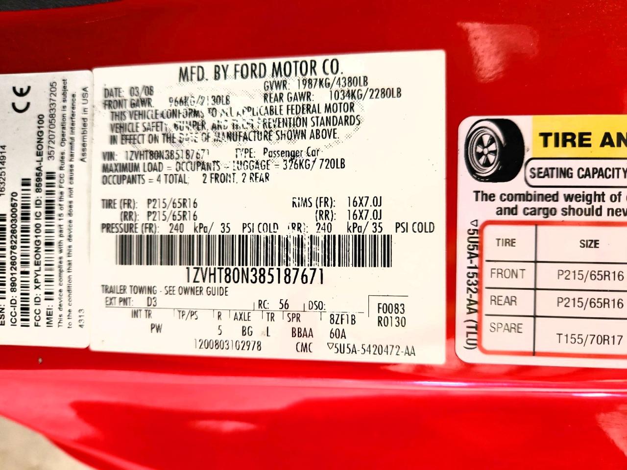 2008 Ford Mustang Red vin: 1ZVHT80N385187671