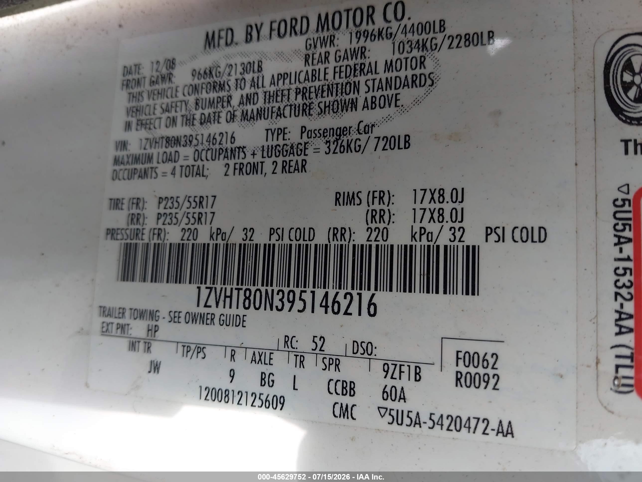 2009 Ford Mustang V6/v6 Premium White vin: 1ZVHT80N395146216