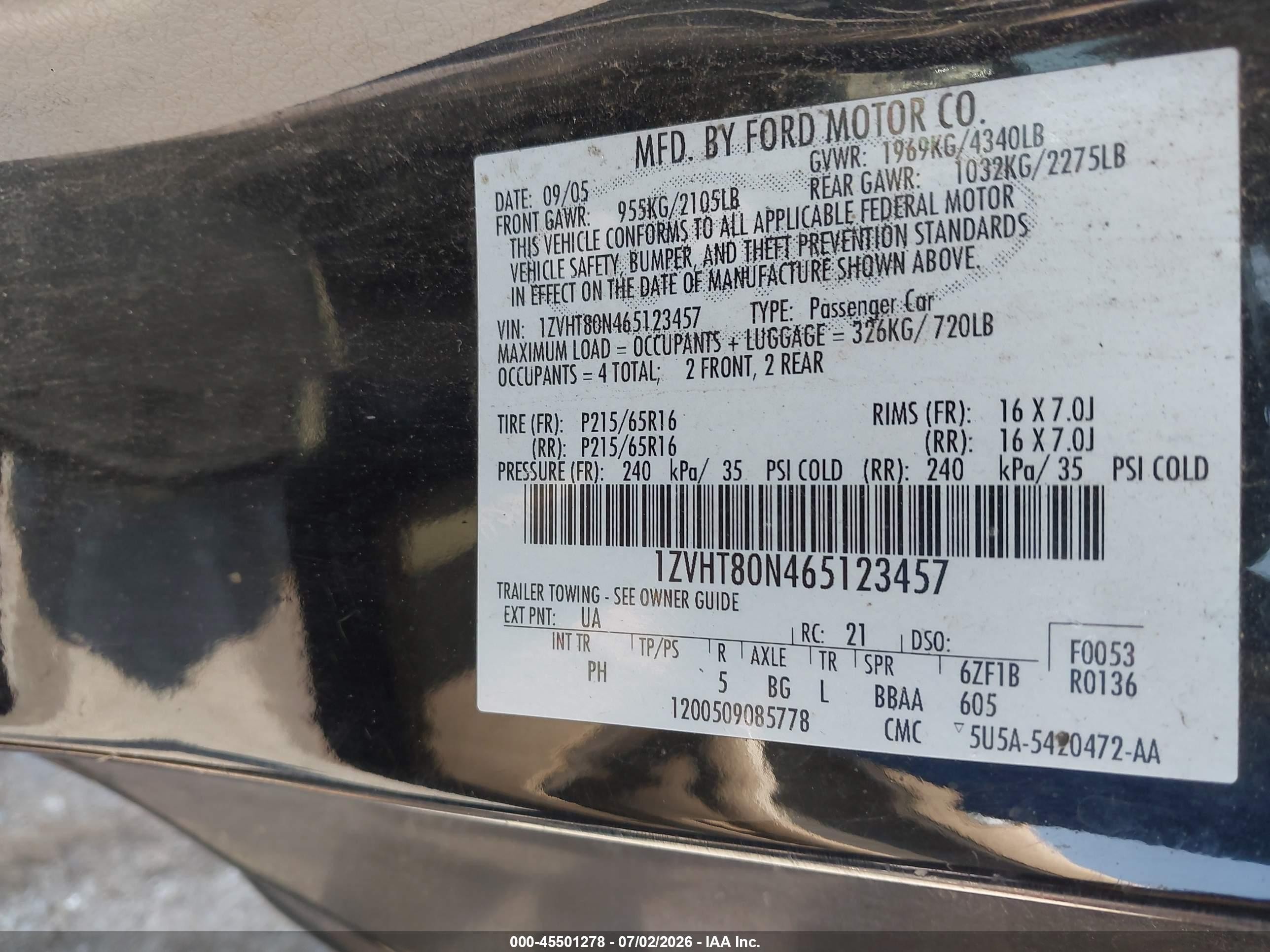 2006 Ford Mustang V6 Черный vin: 1ZVHT80N465123457