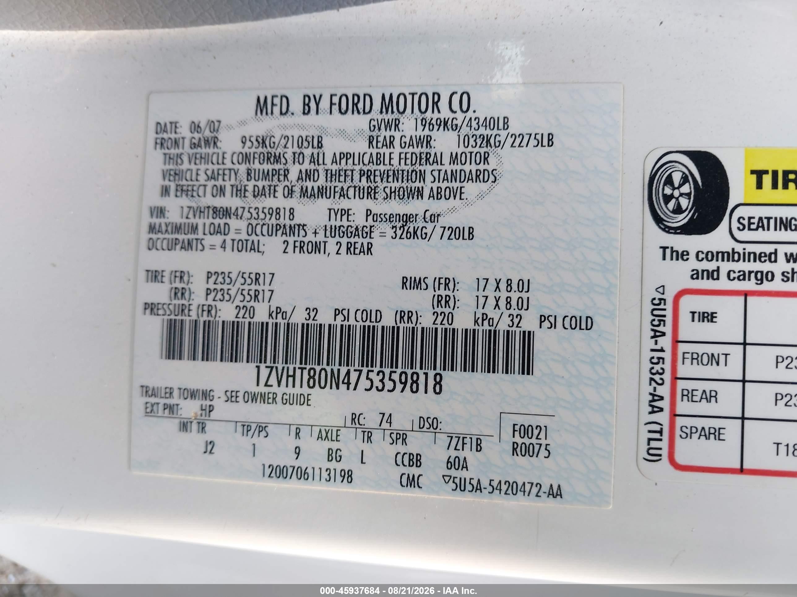2007 Ford Mustang V6 Deluxe/v6 Premium White vin: 1ZVHT80N475359818