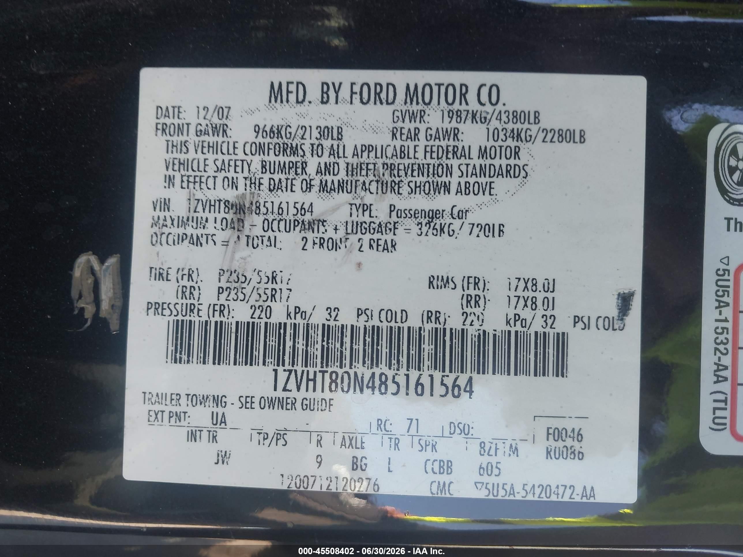 2008 Ford Mustang V6 Deluxe/v6 Premium Черный vin: 1ZVHT80N485161564