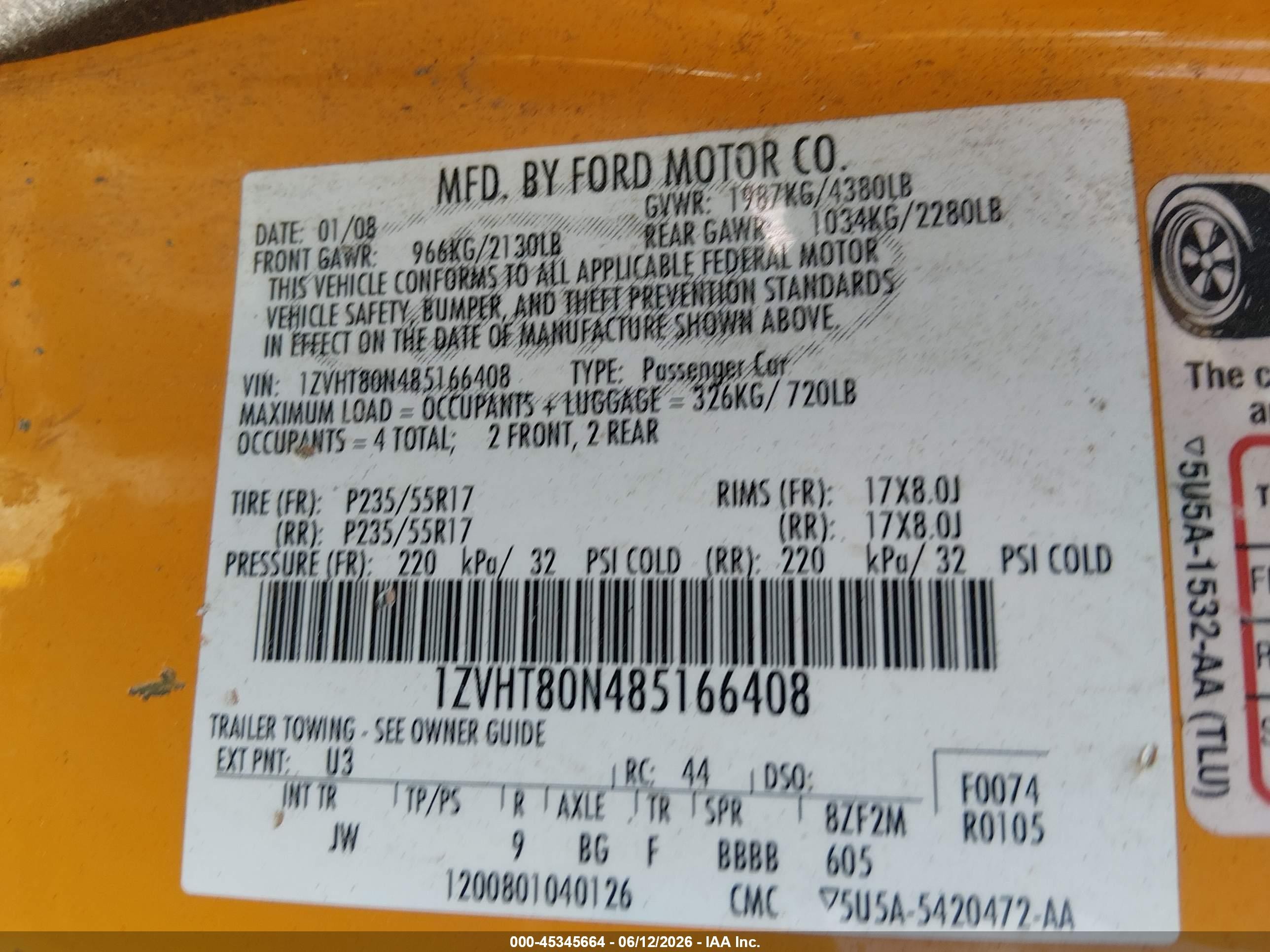 2008 Ford Mustang V6 Deluxe/v6 Premium Orange vin: 1ZVHT80N485166408