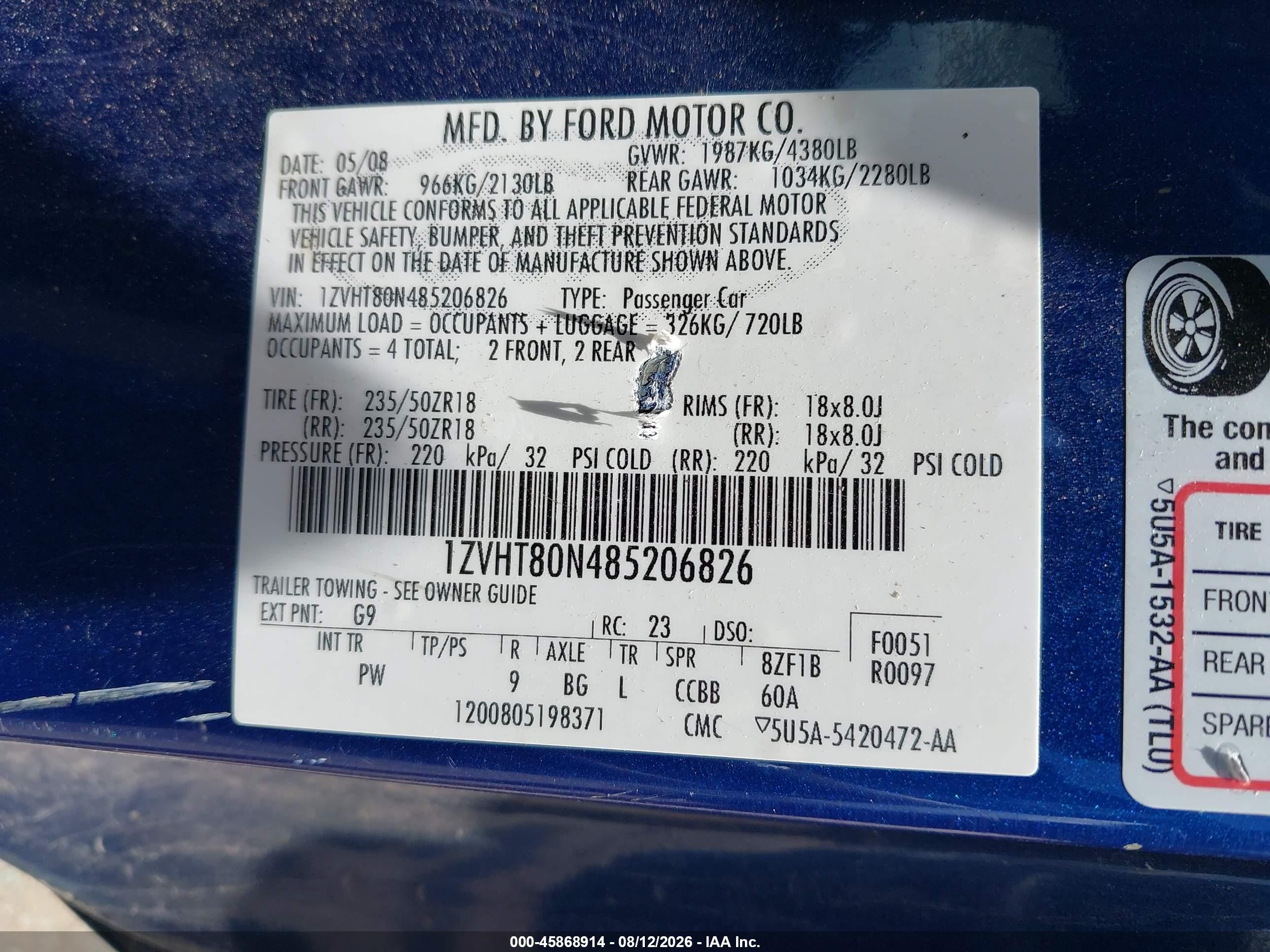 2008 Ford Mustang V6 Deluxe/v6 Premium Blue vin: 1ZVHT80N485206826