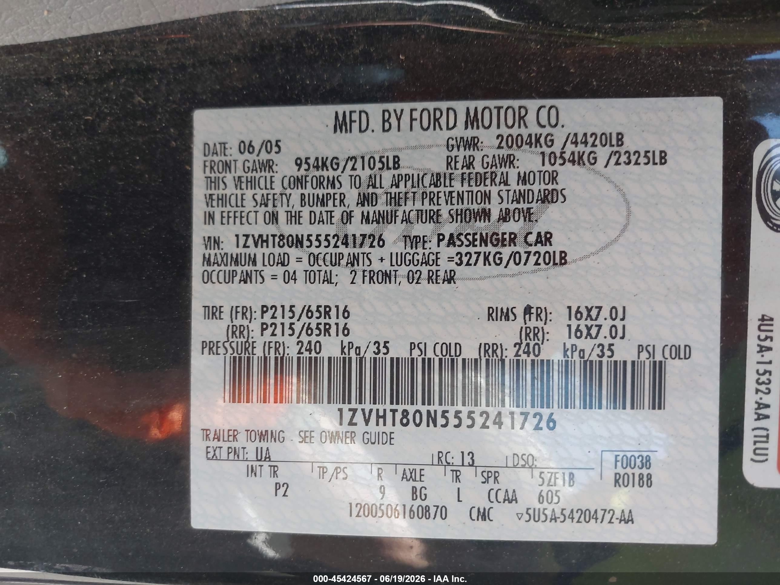 2005 Ford Mustang V6 Deluxe/v6 Premium Black vin: 1ZVHT80N555241726