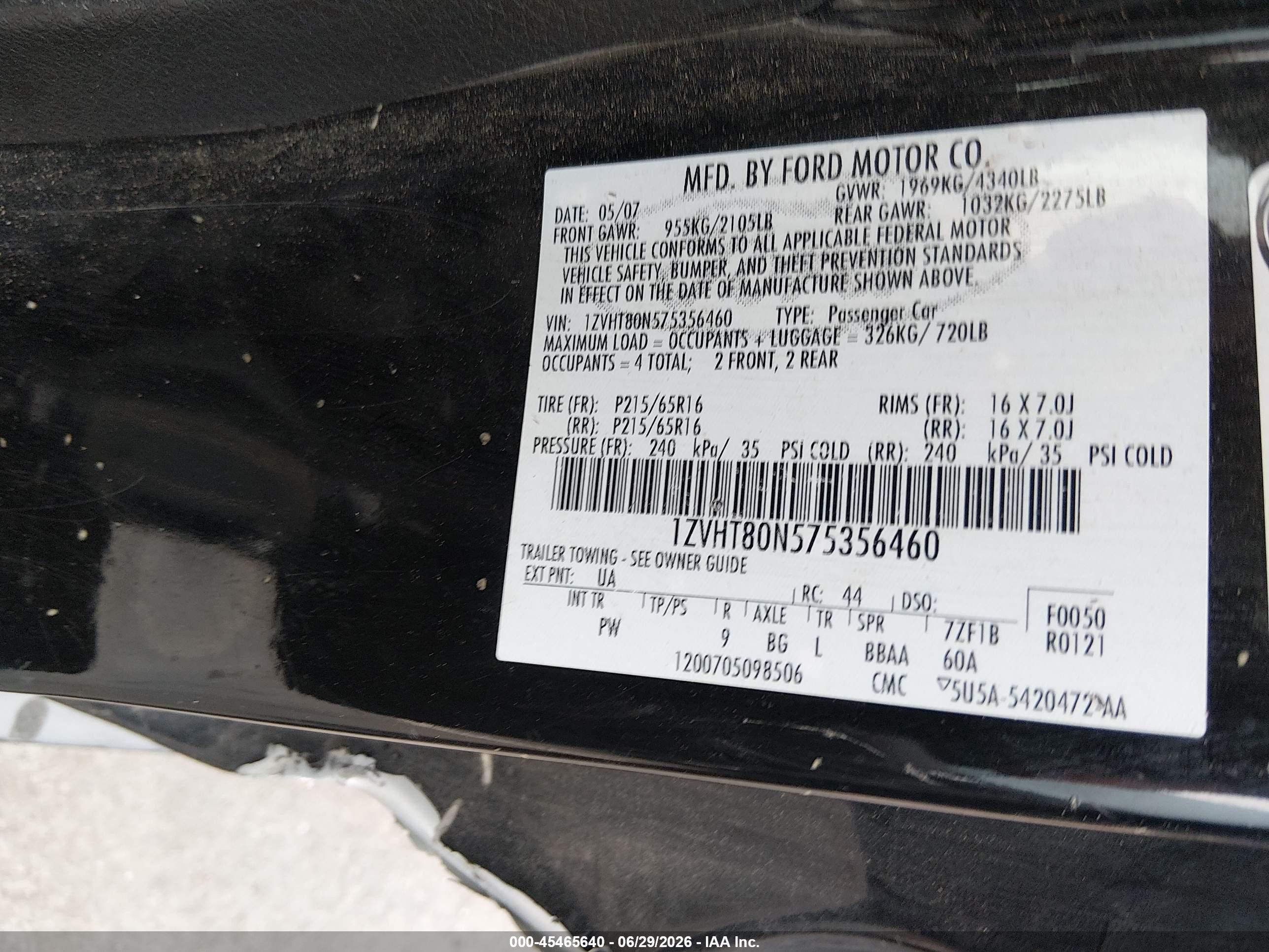 2007 Ford Mustang V6 Deluxe/v6 Premium Black vin: 1ZVHT80N575356460