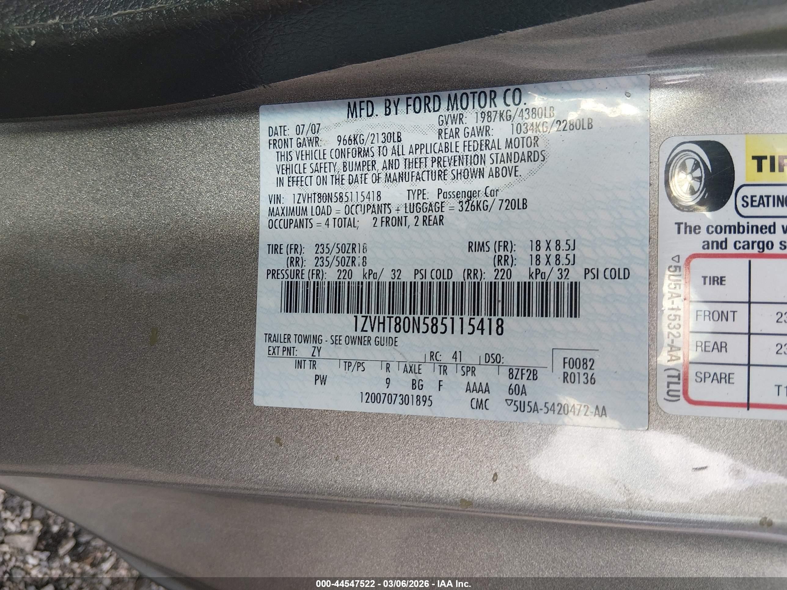 2008 Ford Mustang V6 Deluxe/v6 Premium Серый vin: 1ZVHT80N585115418