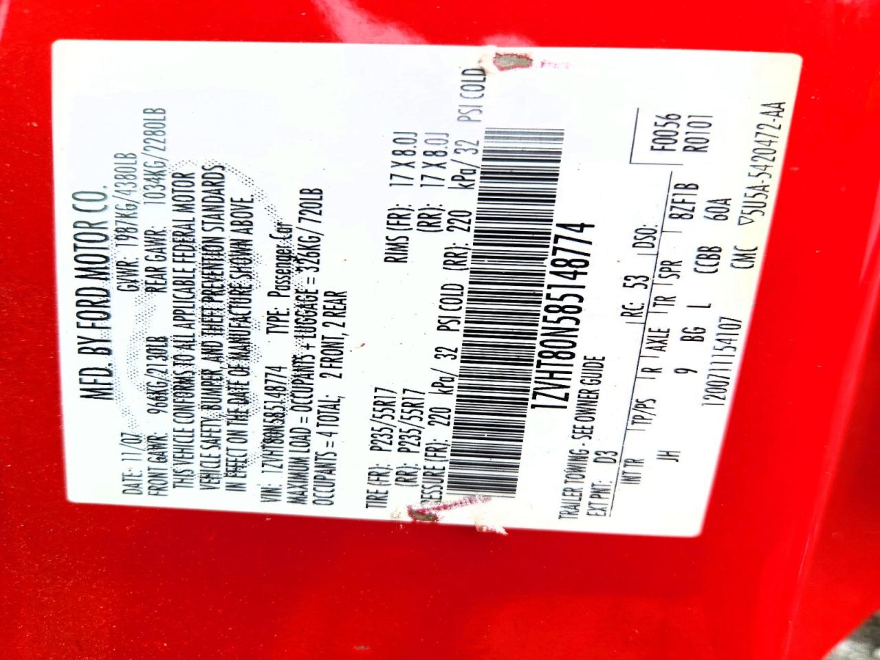 2008 Ford Mustang Red vin: 1ZVHT80N585148774