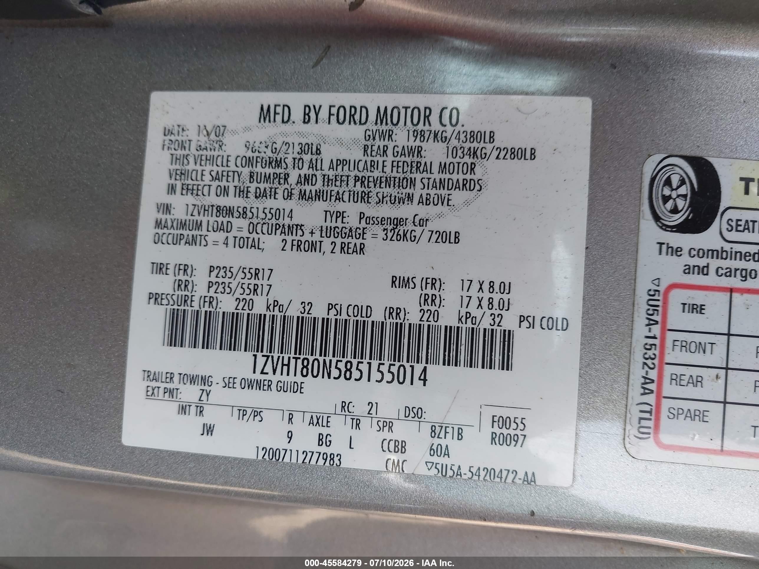 2008 Ford Mustang V6 Deluxe/v6 Premium Silver vin: 1ZVHT80N585155014